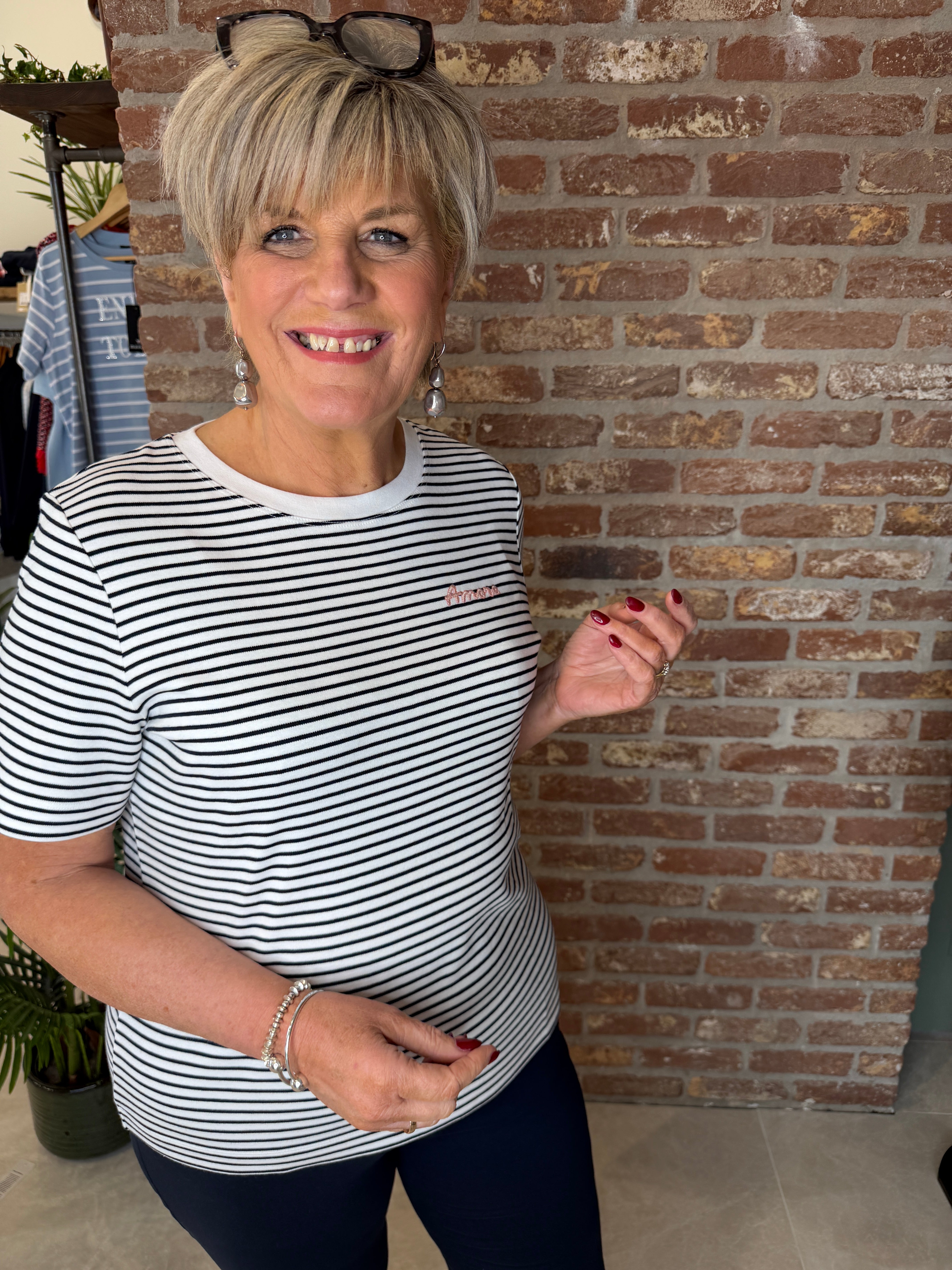 Oui Striped Amore T-shirt White & Navy