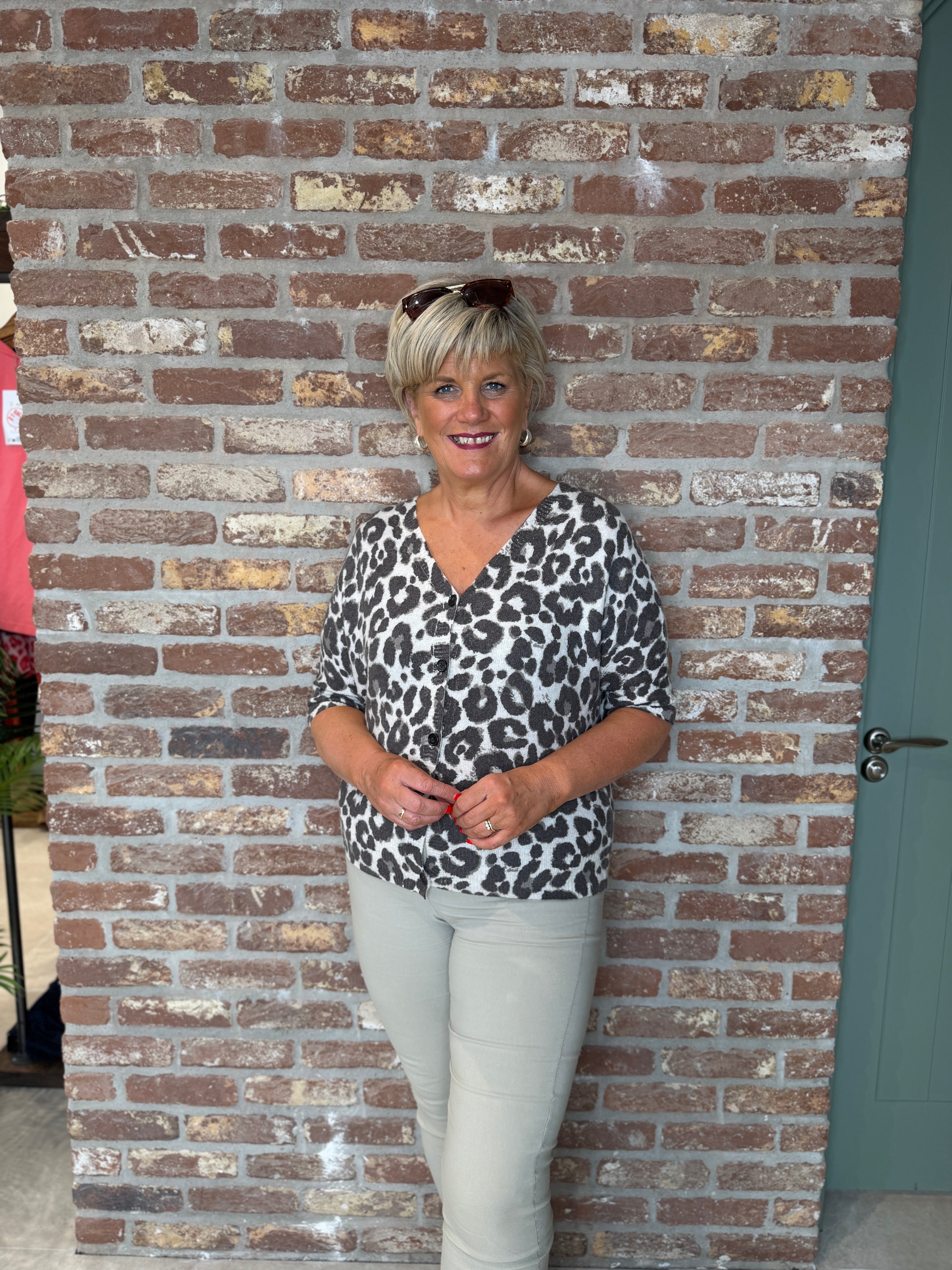 Oui Leopard Print Cardigan in stone & taupe