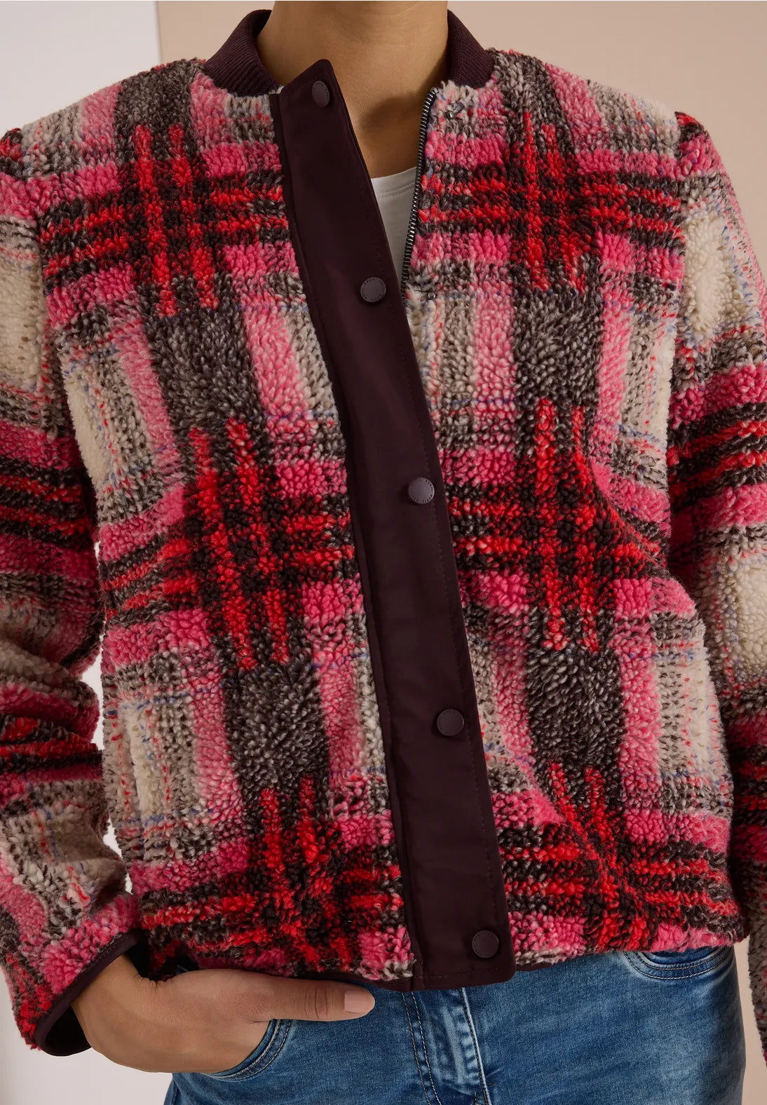 Teddy check jacket in berry red