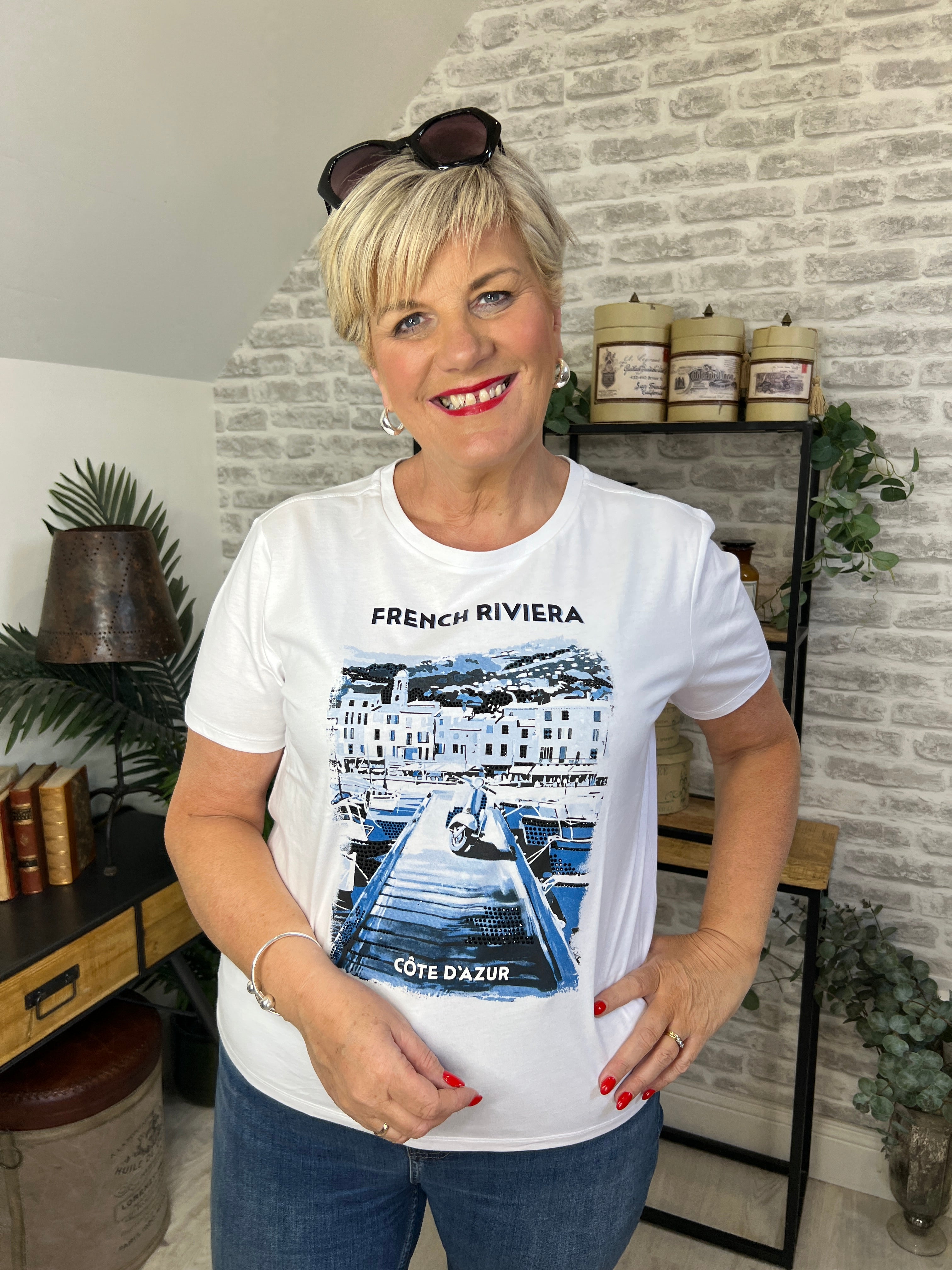 Monari French Rivera Print T-shirt In Cream