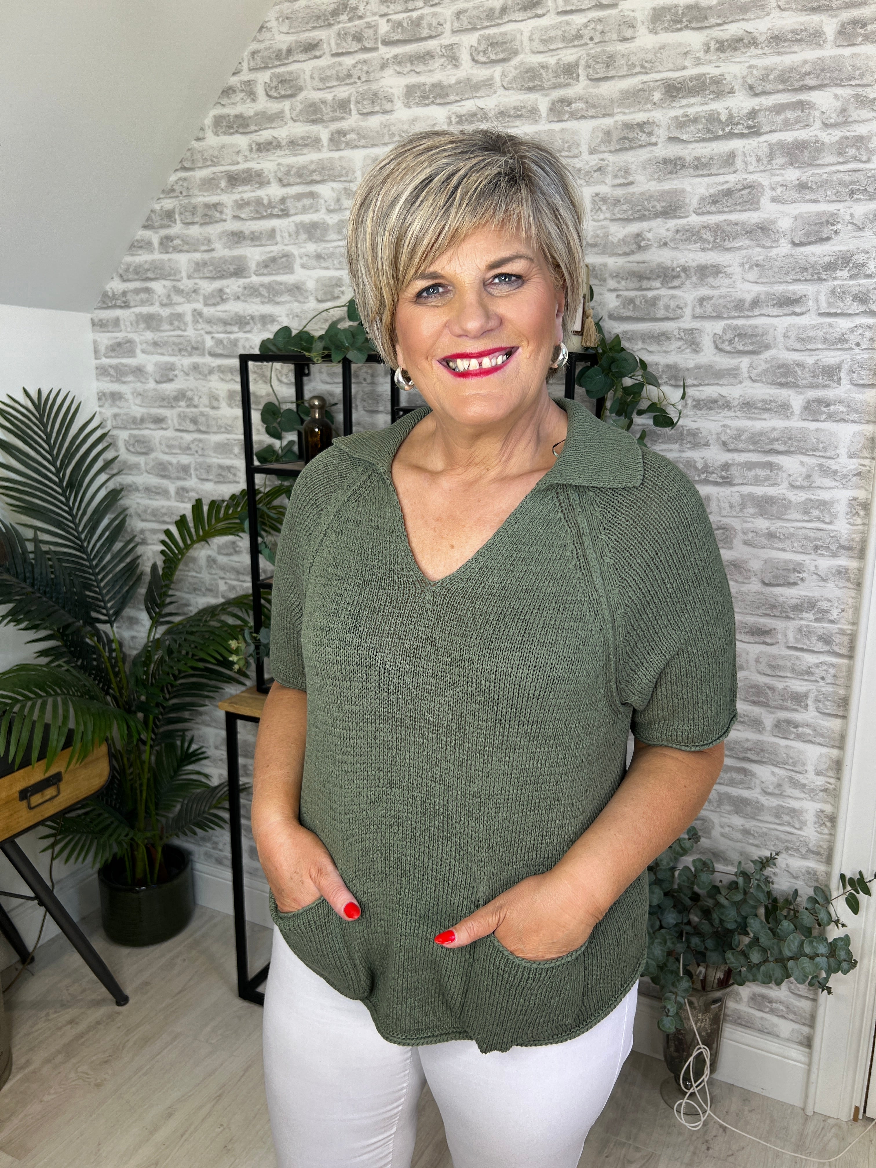 Oui Pullover With Collar In Shaded Moss