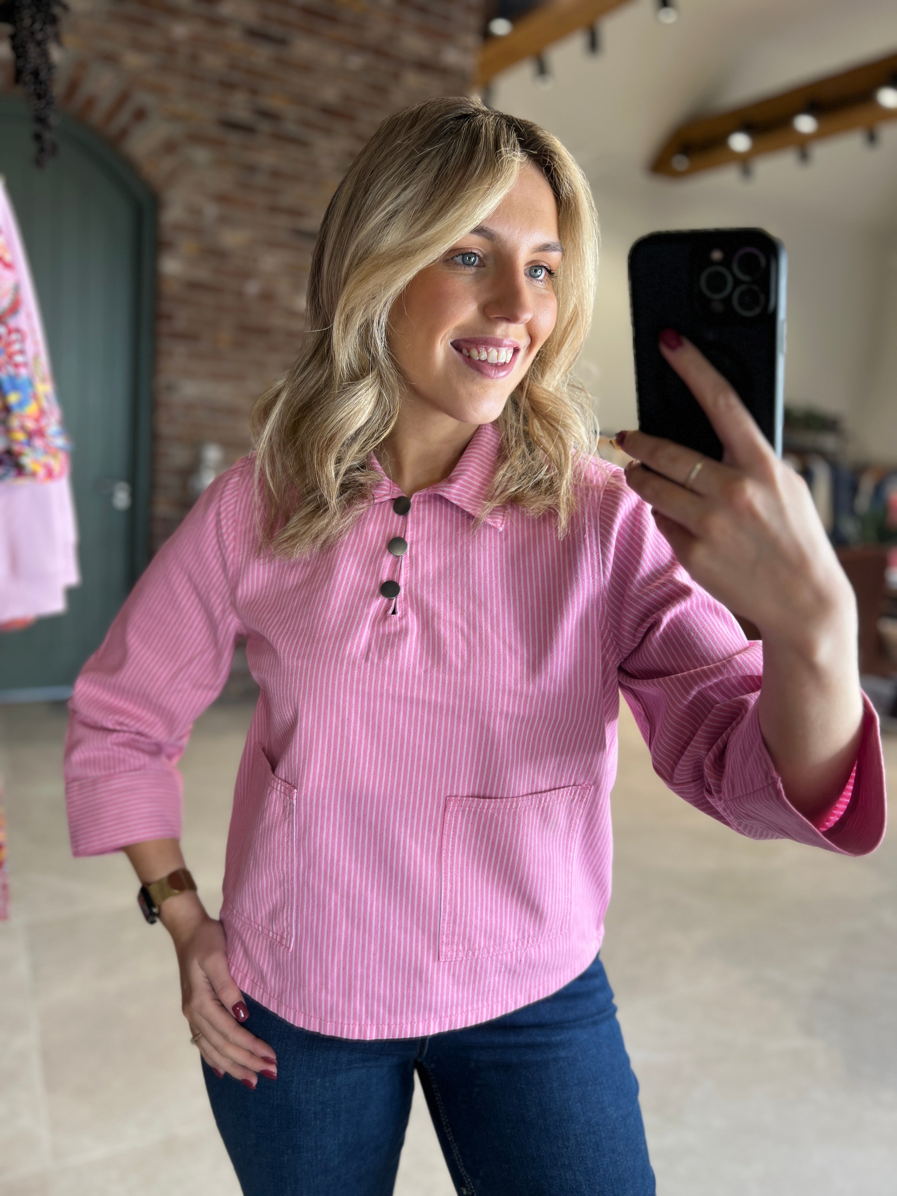 Culture Striped Denim Shirt In Pink & White