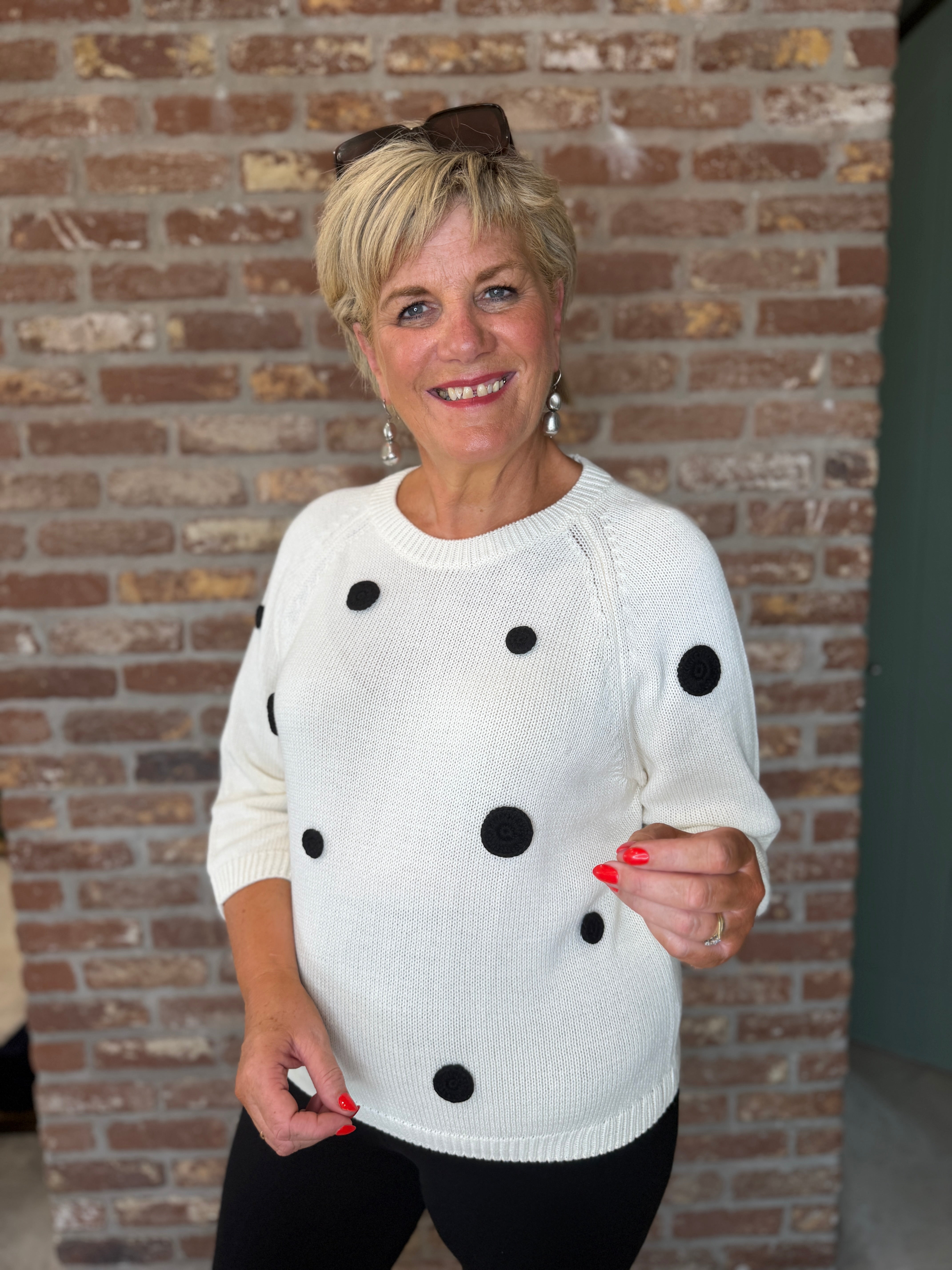 Oui crocheted appliquéd dots jumper in white & black