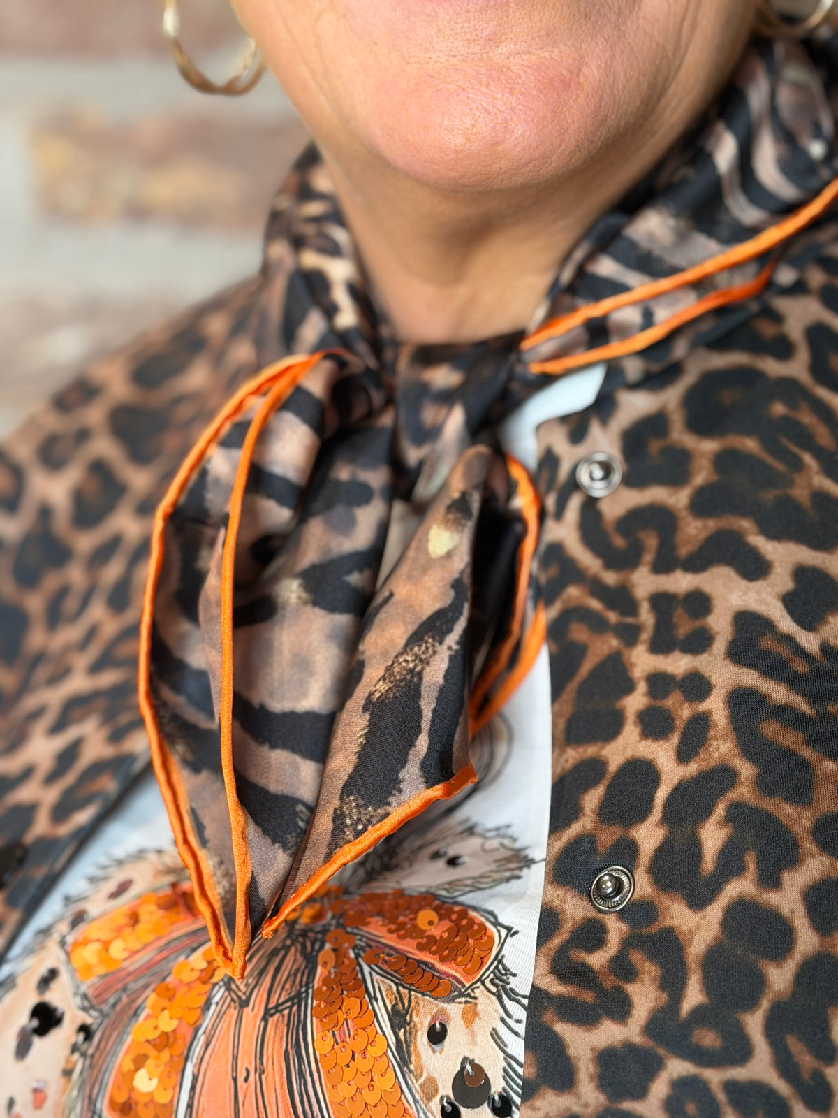 Leopard neck scarf in camel & grey
