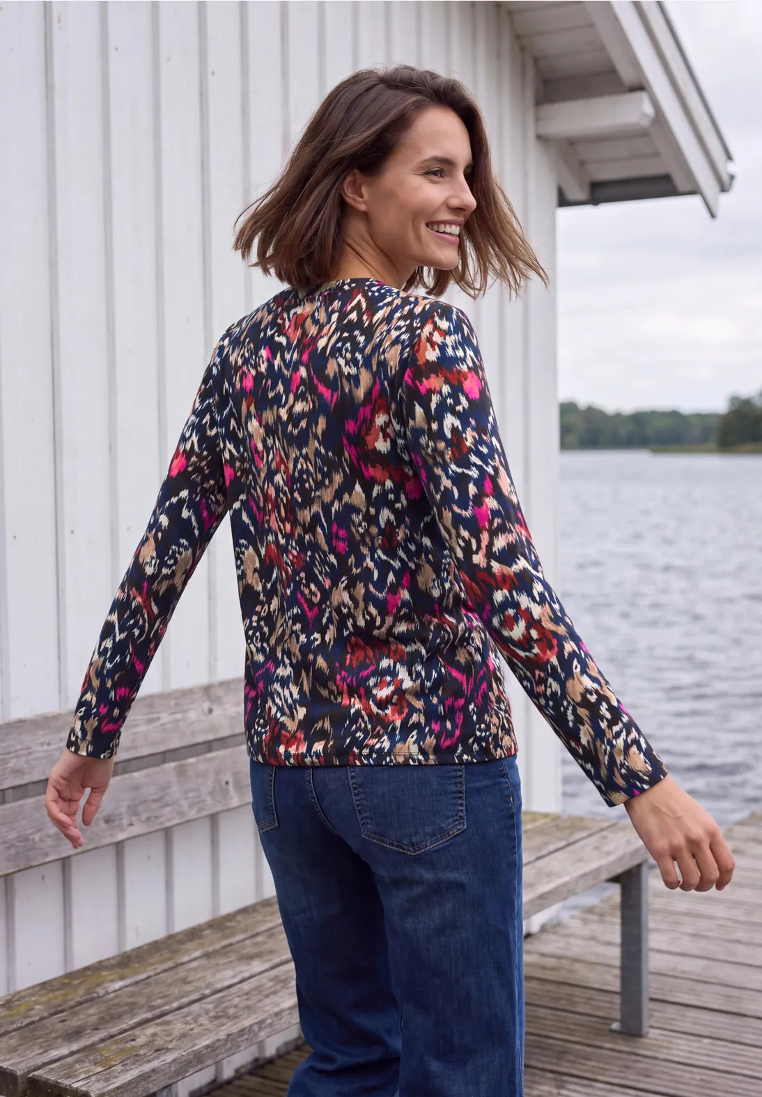 Split neck patterned top in truffle brown