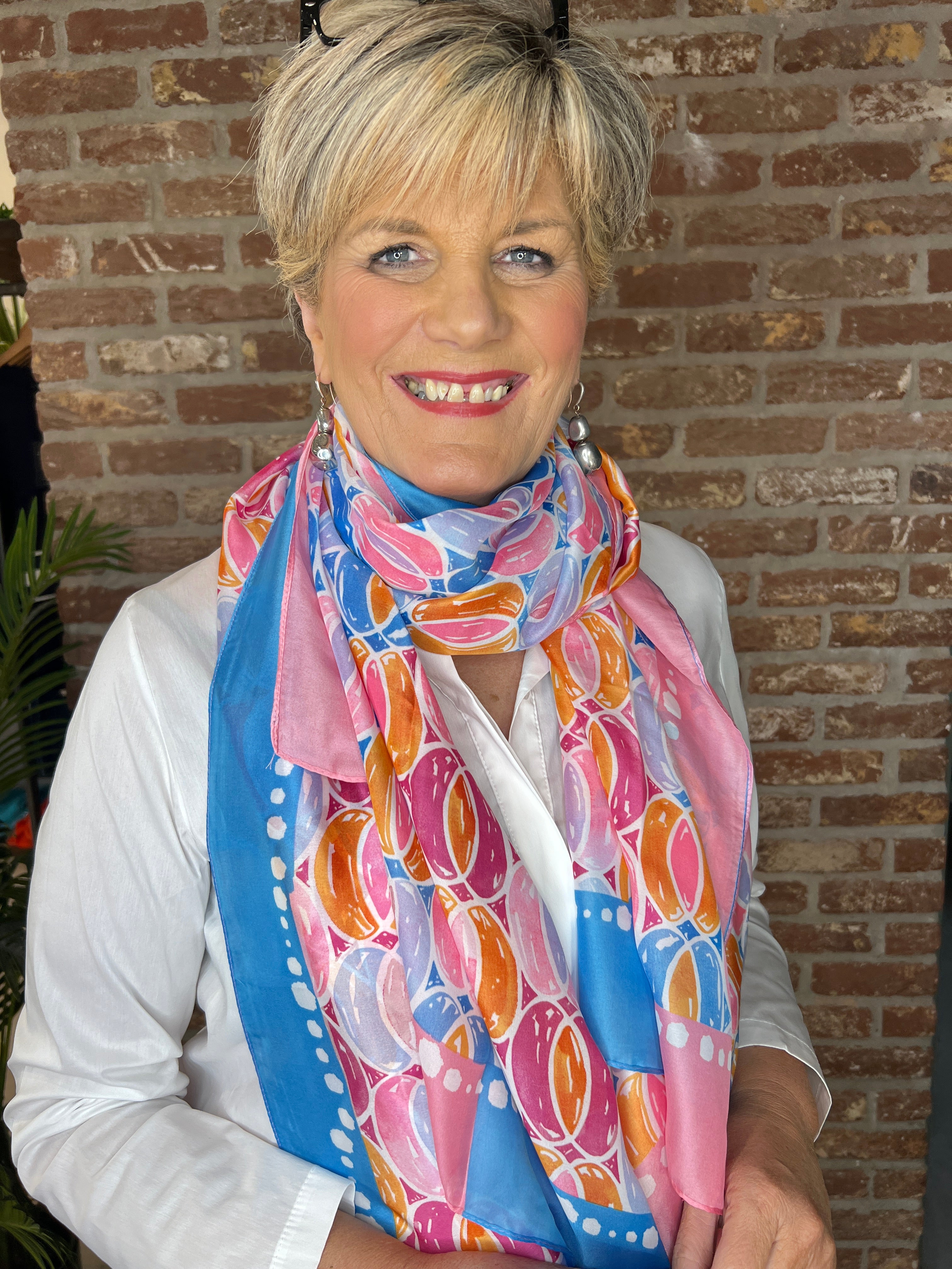 Pipa Patterned Silk Scarf In Pink Multi