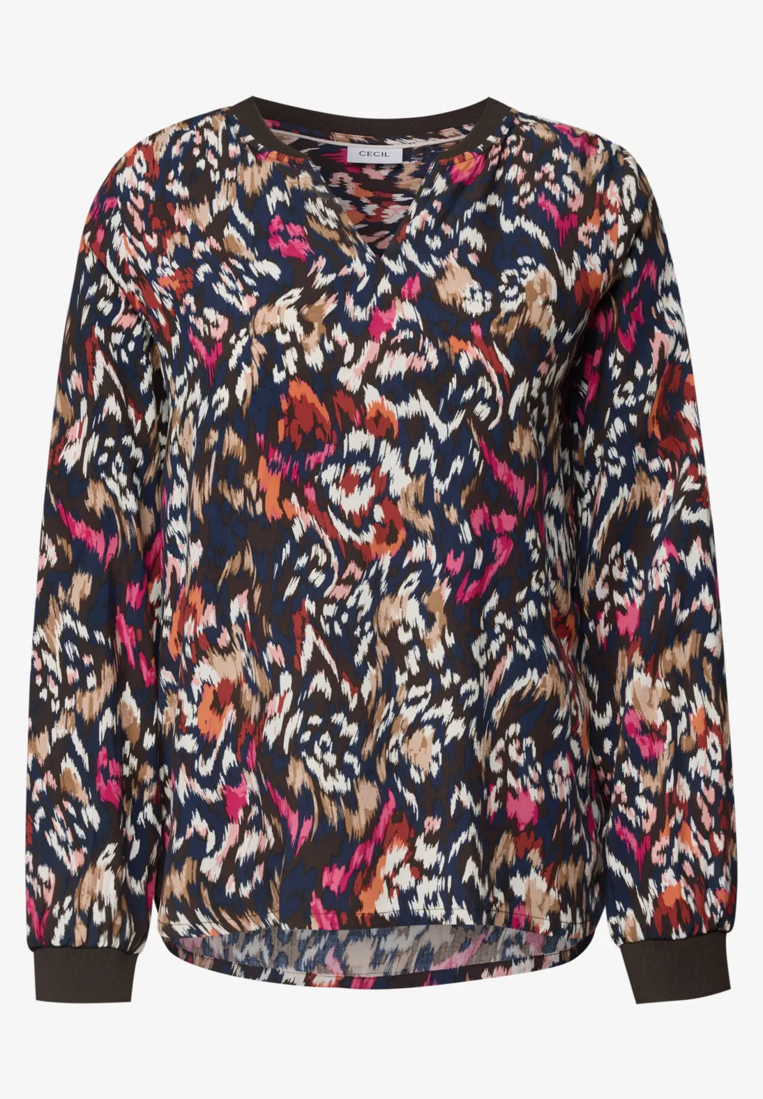 Split neck patterned blouse in truffle brown
