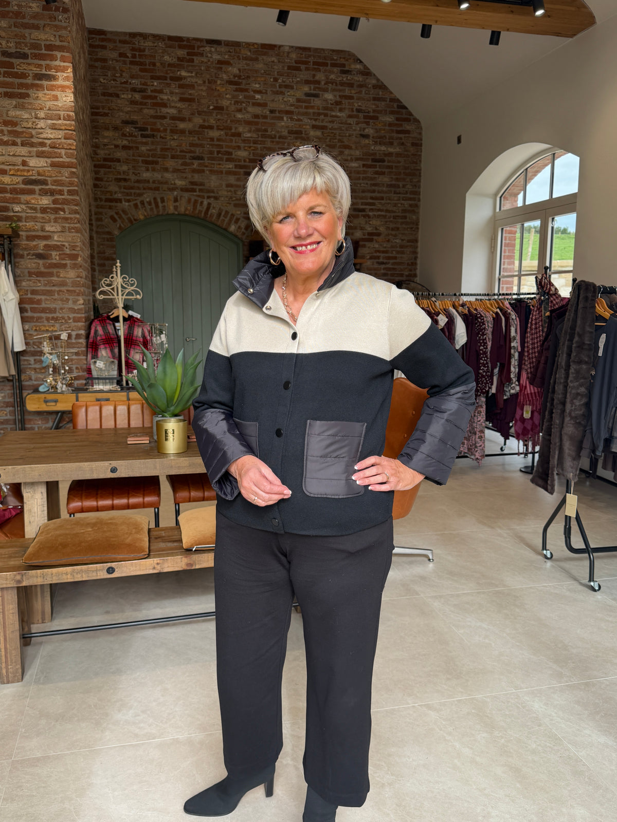 Two tone jacket in black & sand