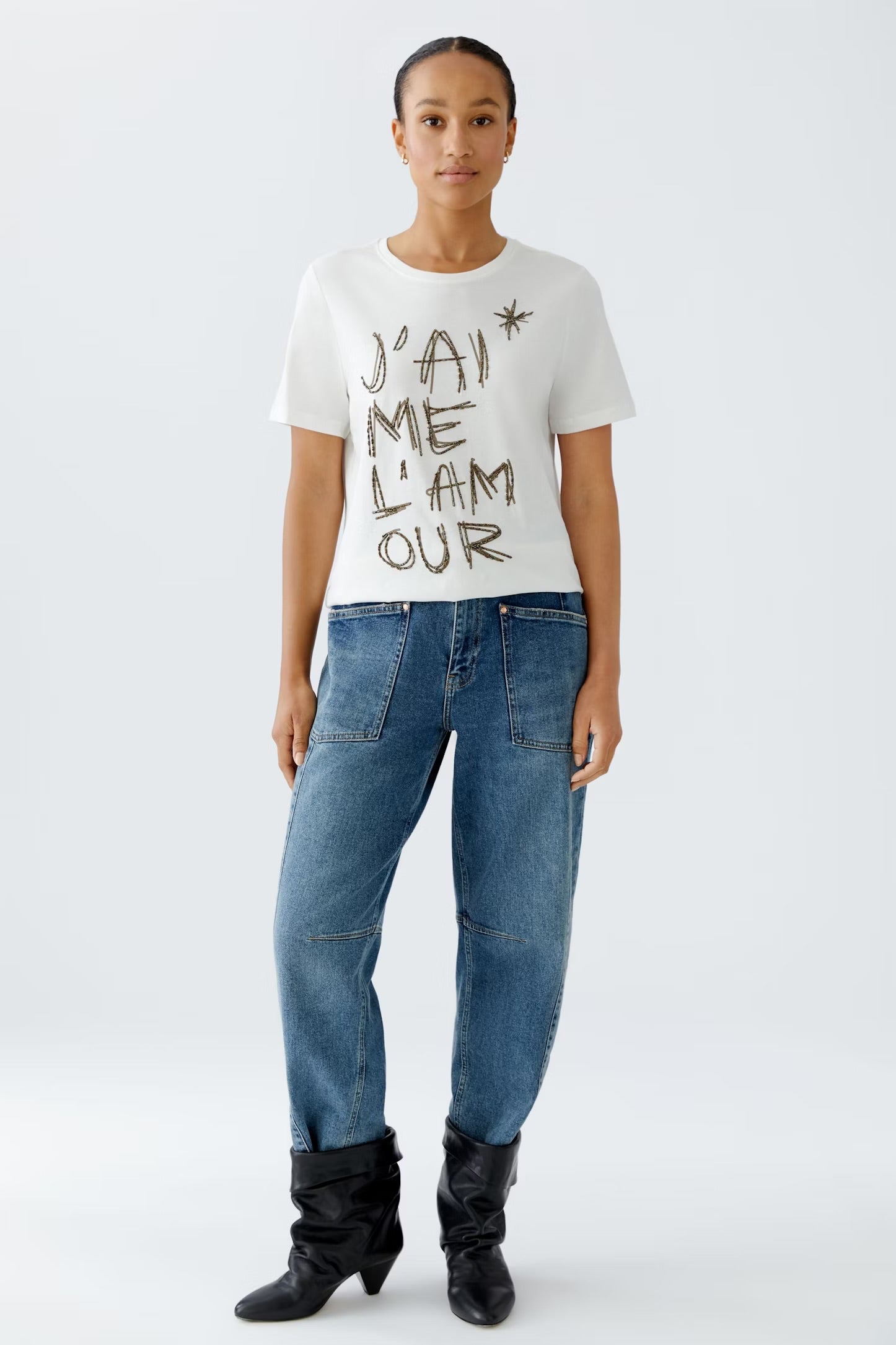 Oui Sequins & Bead T-shirt In White & Brown