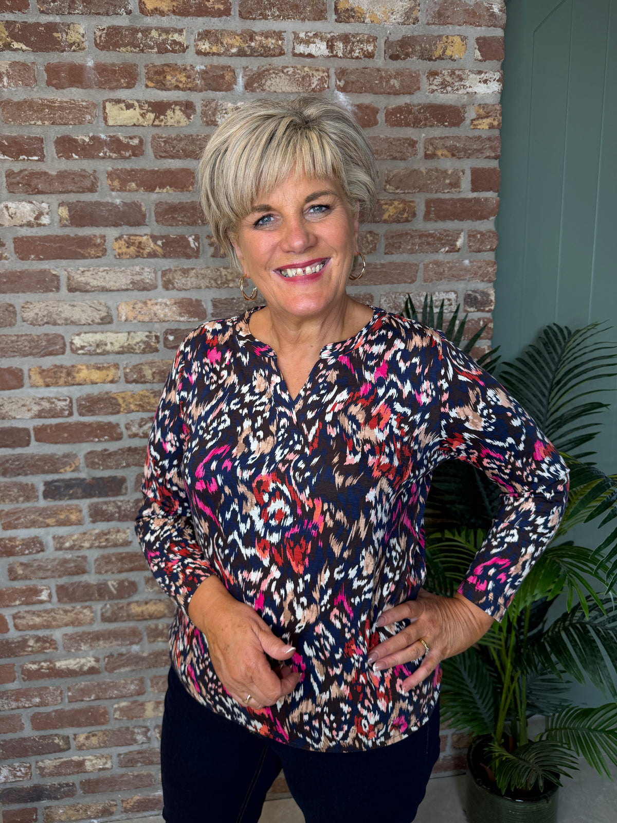Split neck patterned top in truffle brown