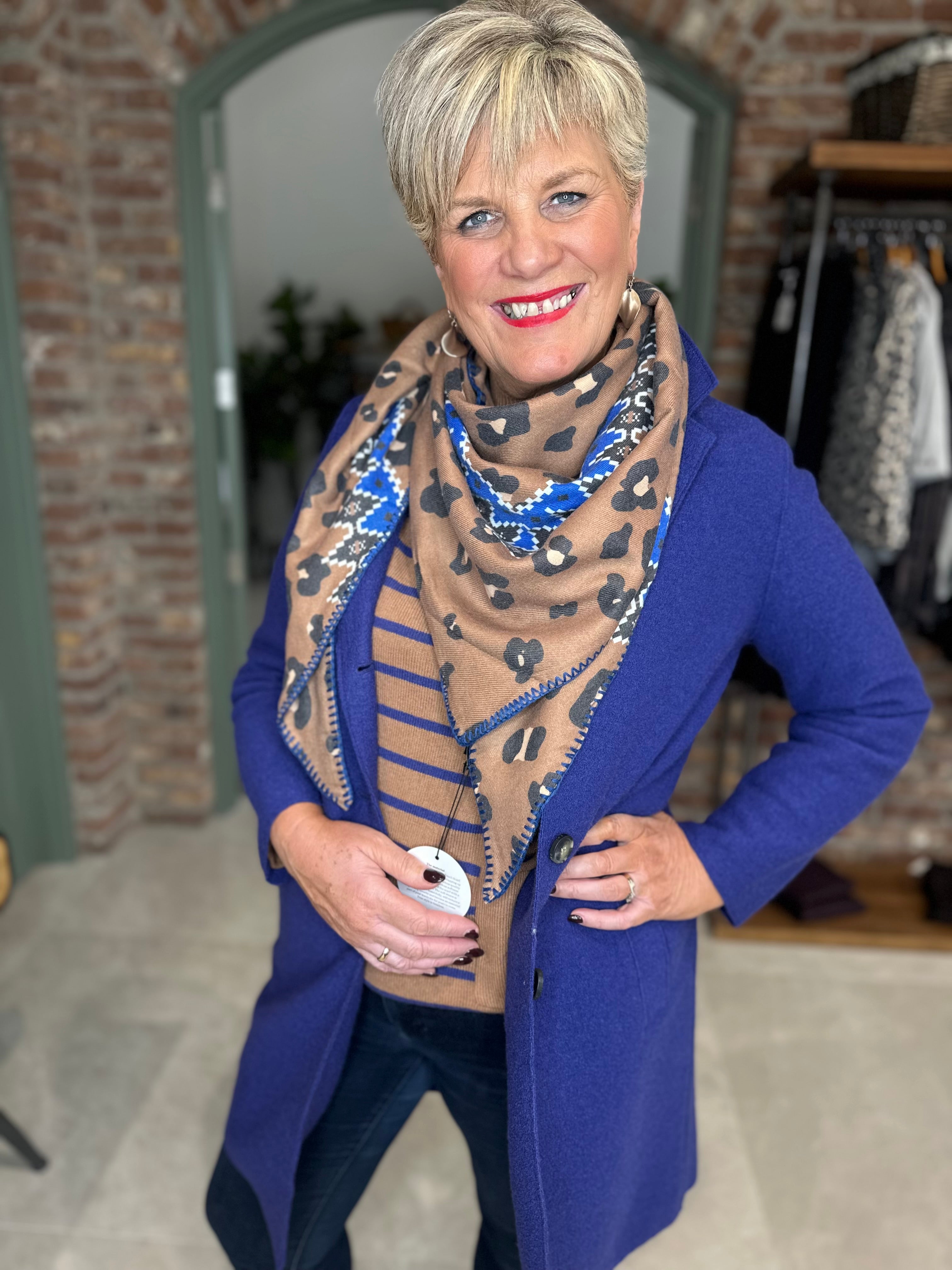 Oui Triangle Scarf In Dark Camel & Blue