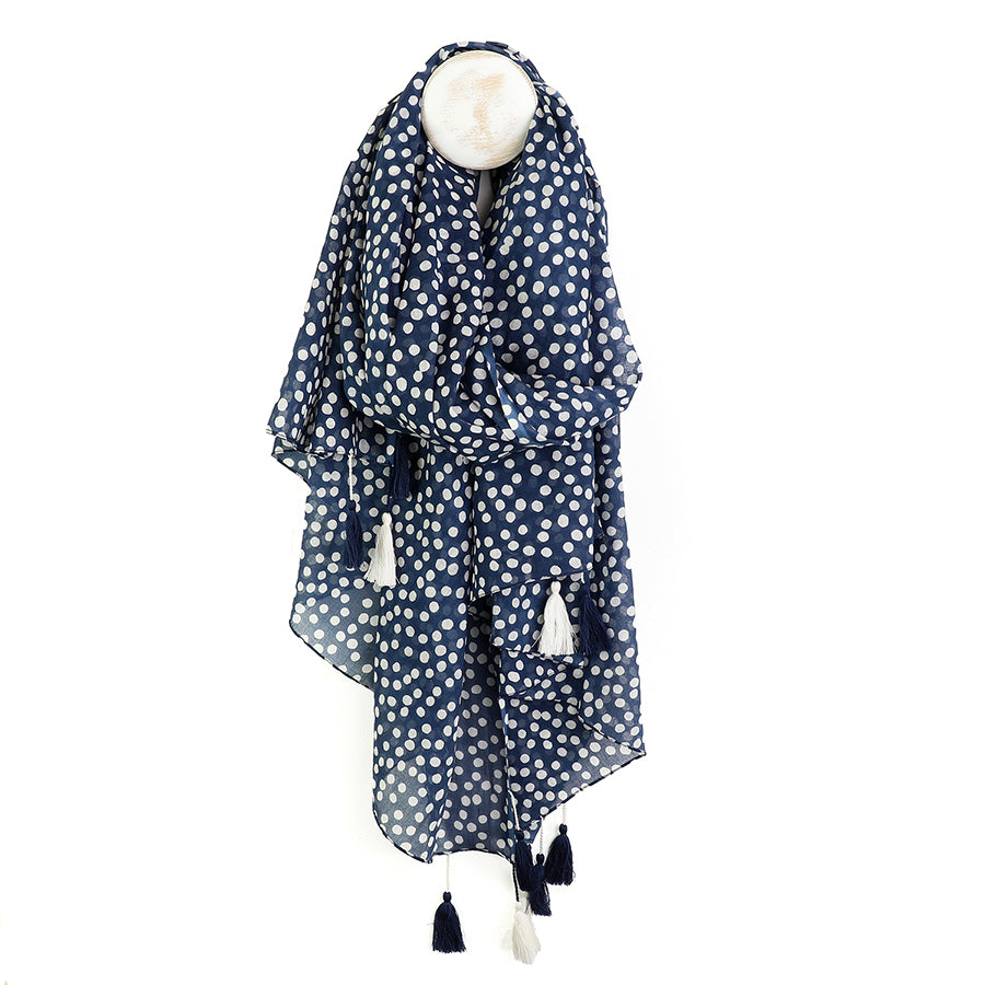 Pom Dotty Scarf With Tassels In navy