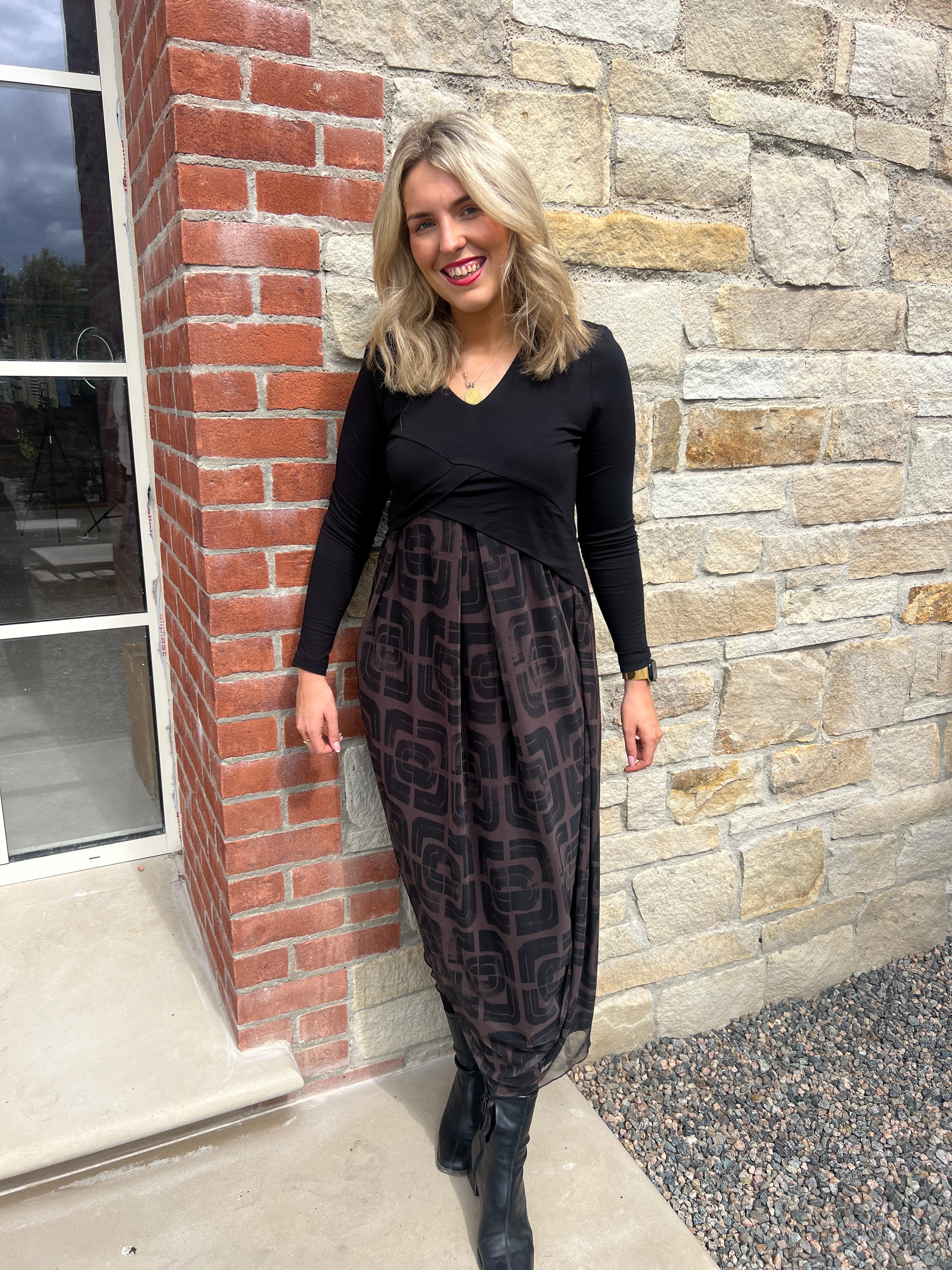 Peruzzi Contrast Fabric Dress In Black & Brown