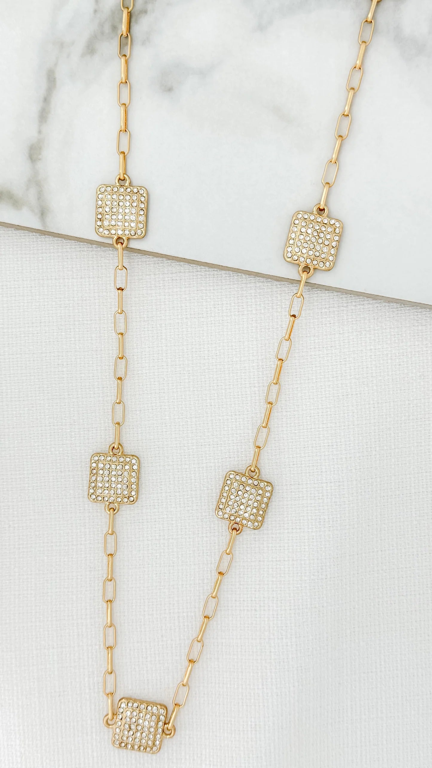 Envy Long Diamante Squares Necklace In Gold