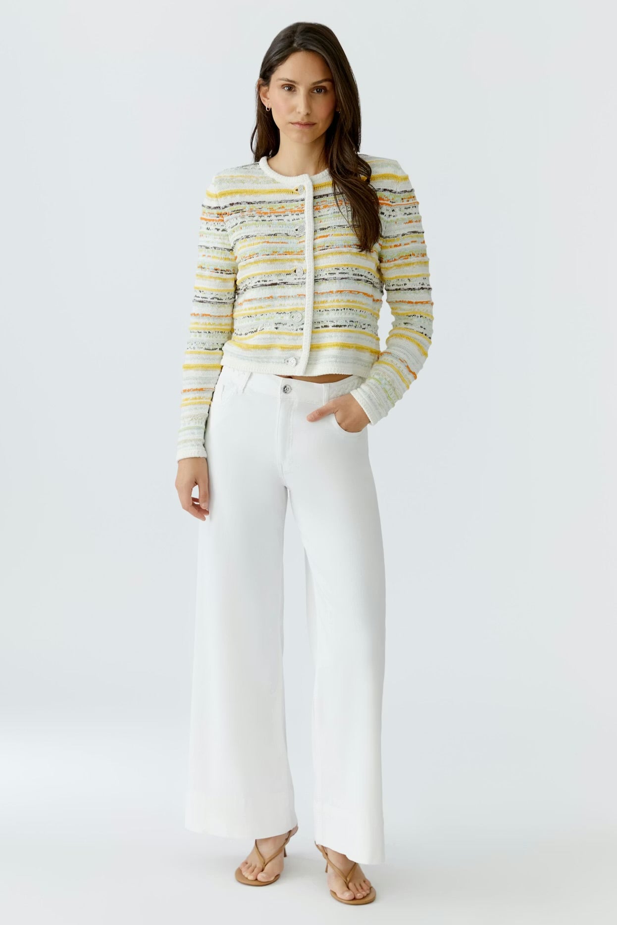 Oui Jacquard Knit Jacket In White & yellow