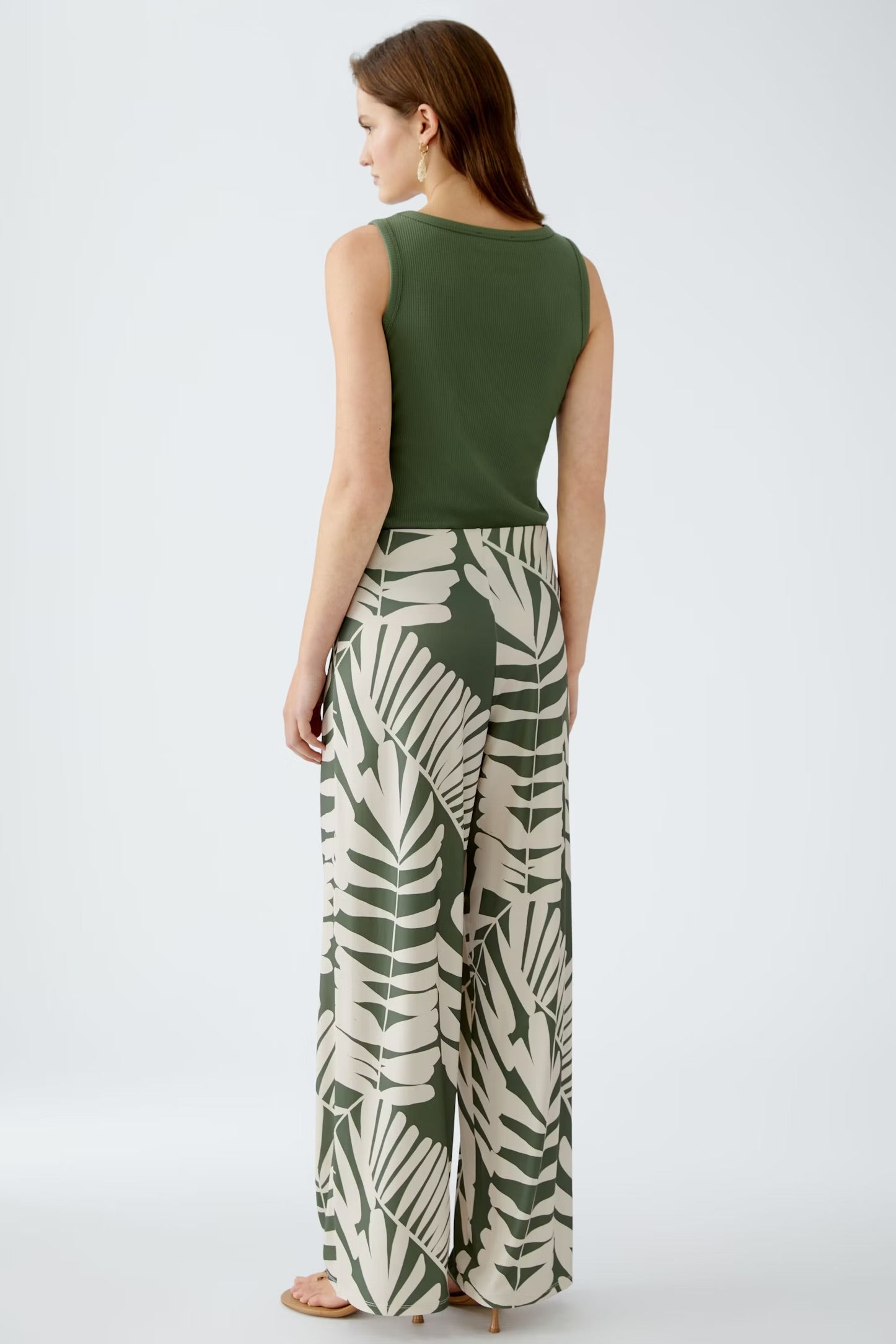 Oui Floral Trousers In Khaki & Stone