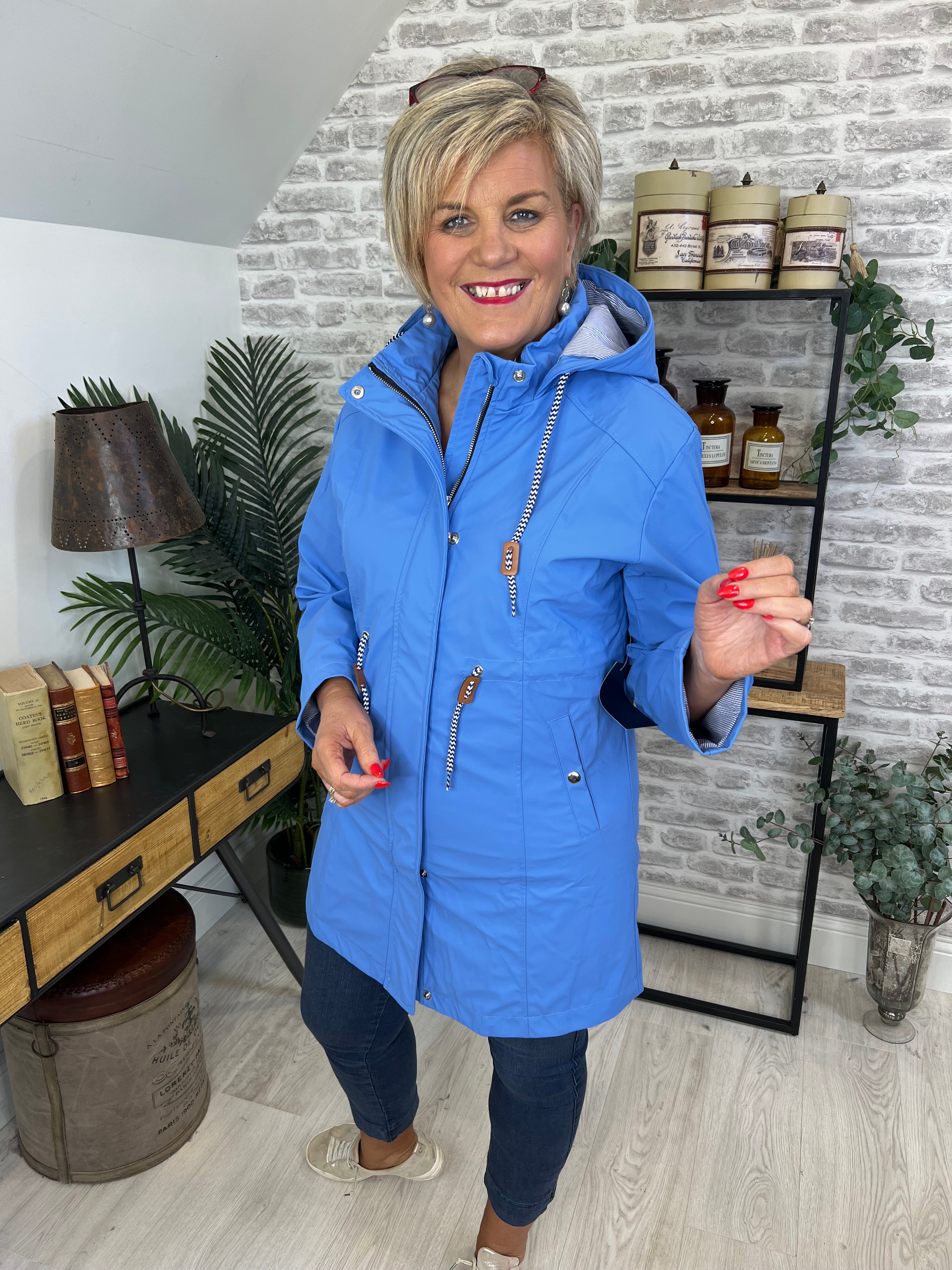 Hailey Long Striped Lined Rain Jacket In Blue