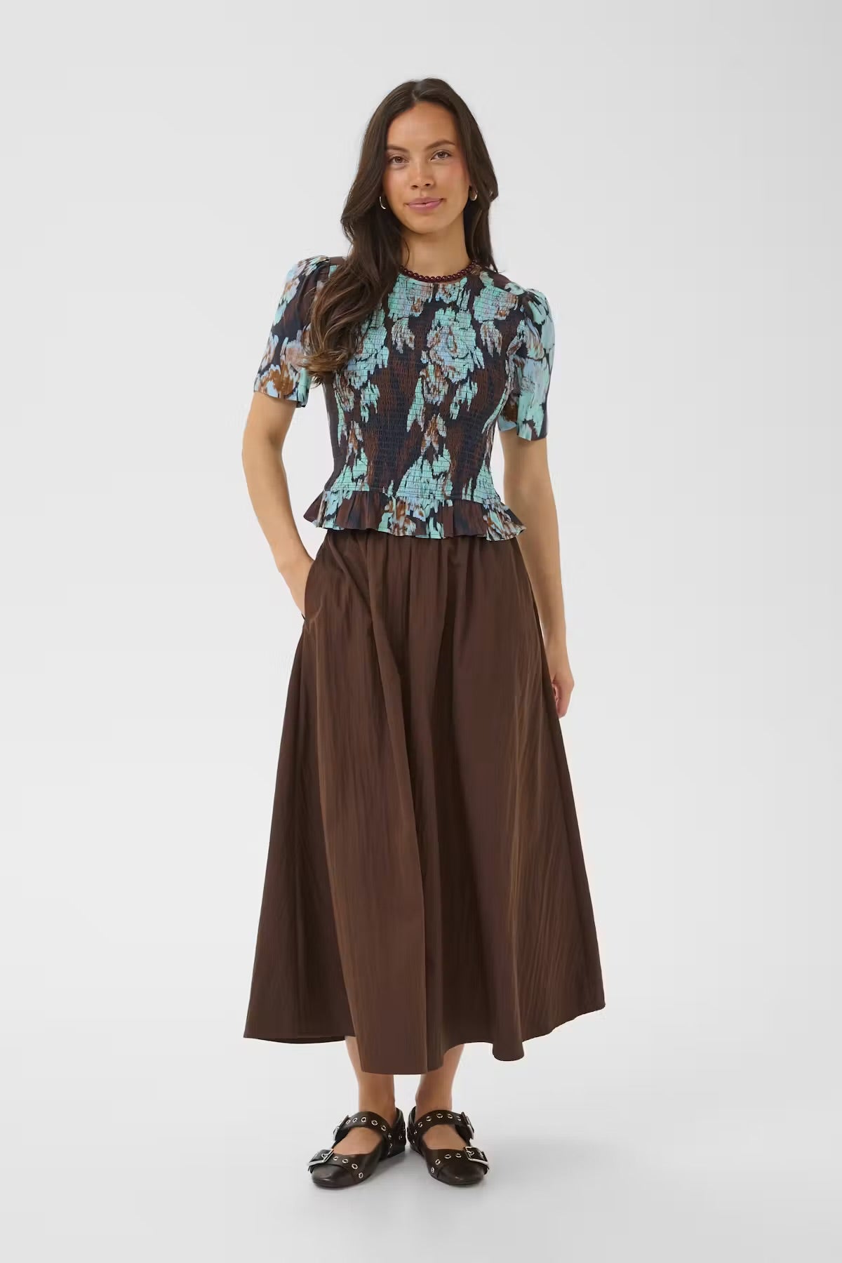 Floral patterned top in brown & blue multi