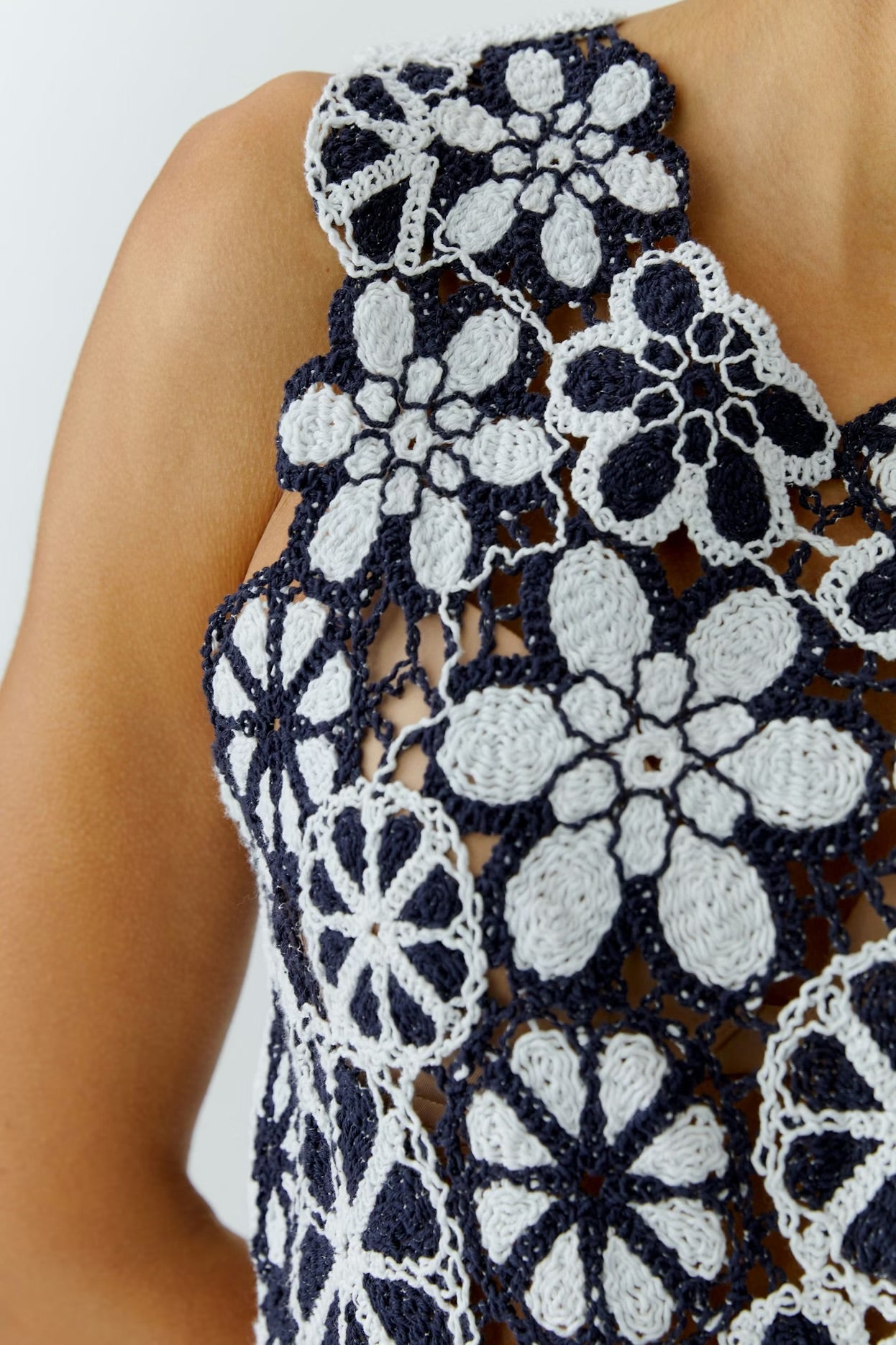 Oui Crochet Floral Top In Dark Blue & White