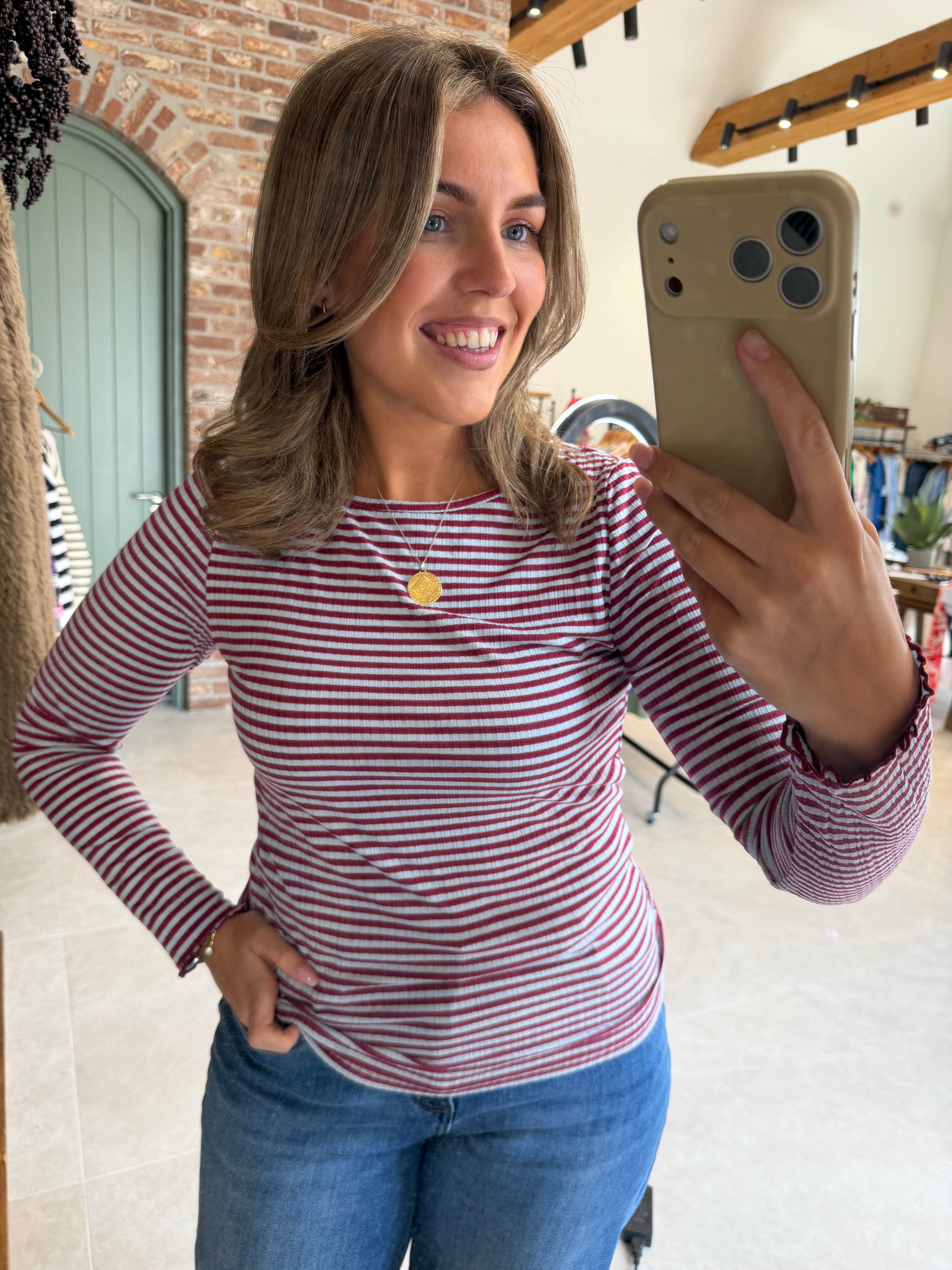 Ichi striped top in wine & blue