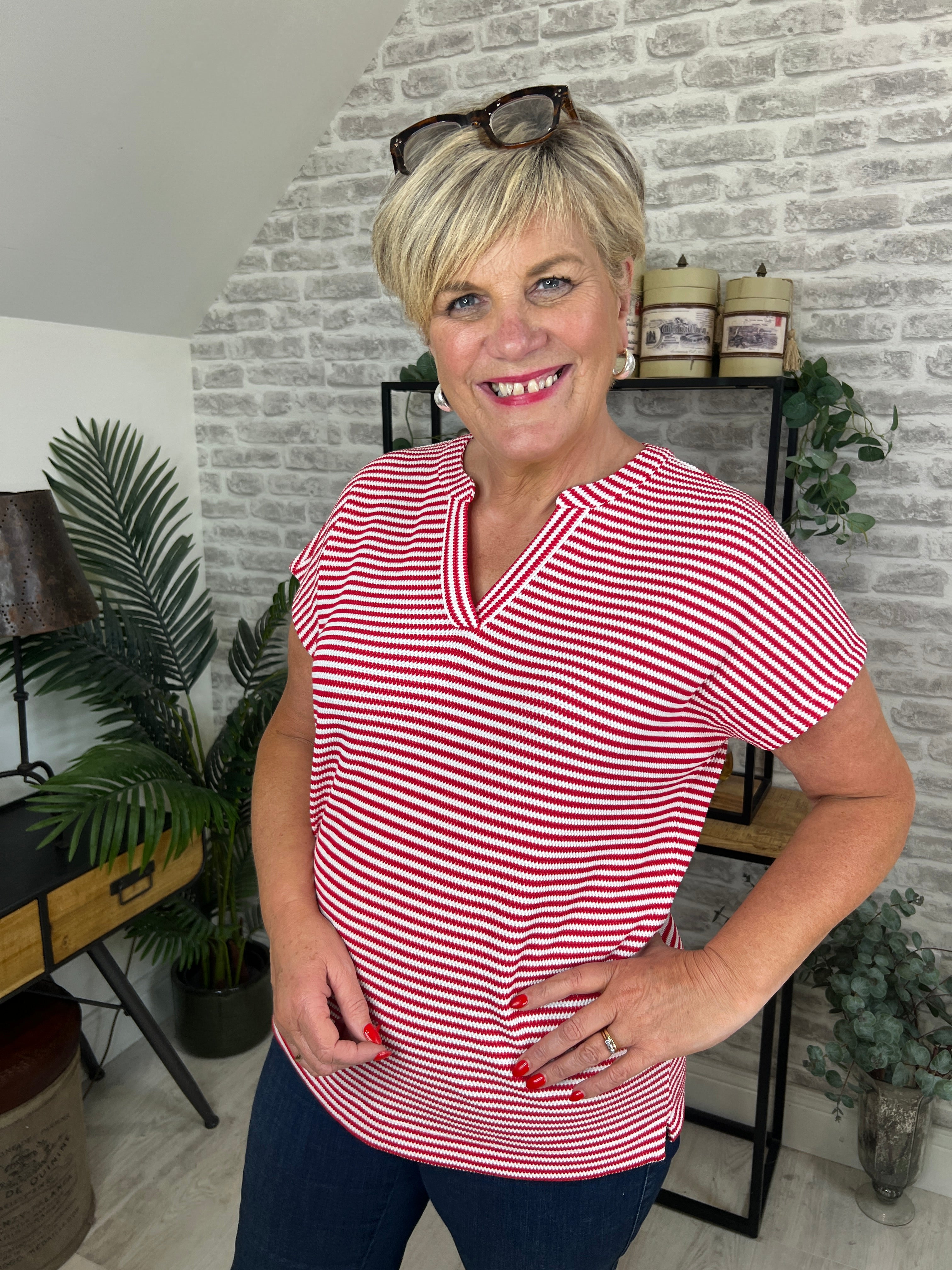 Cecil Structured Striped Top In Deep Pastel Blue