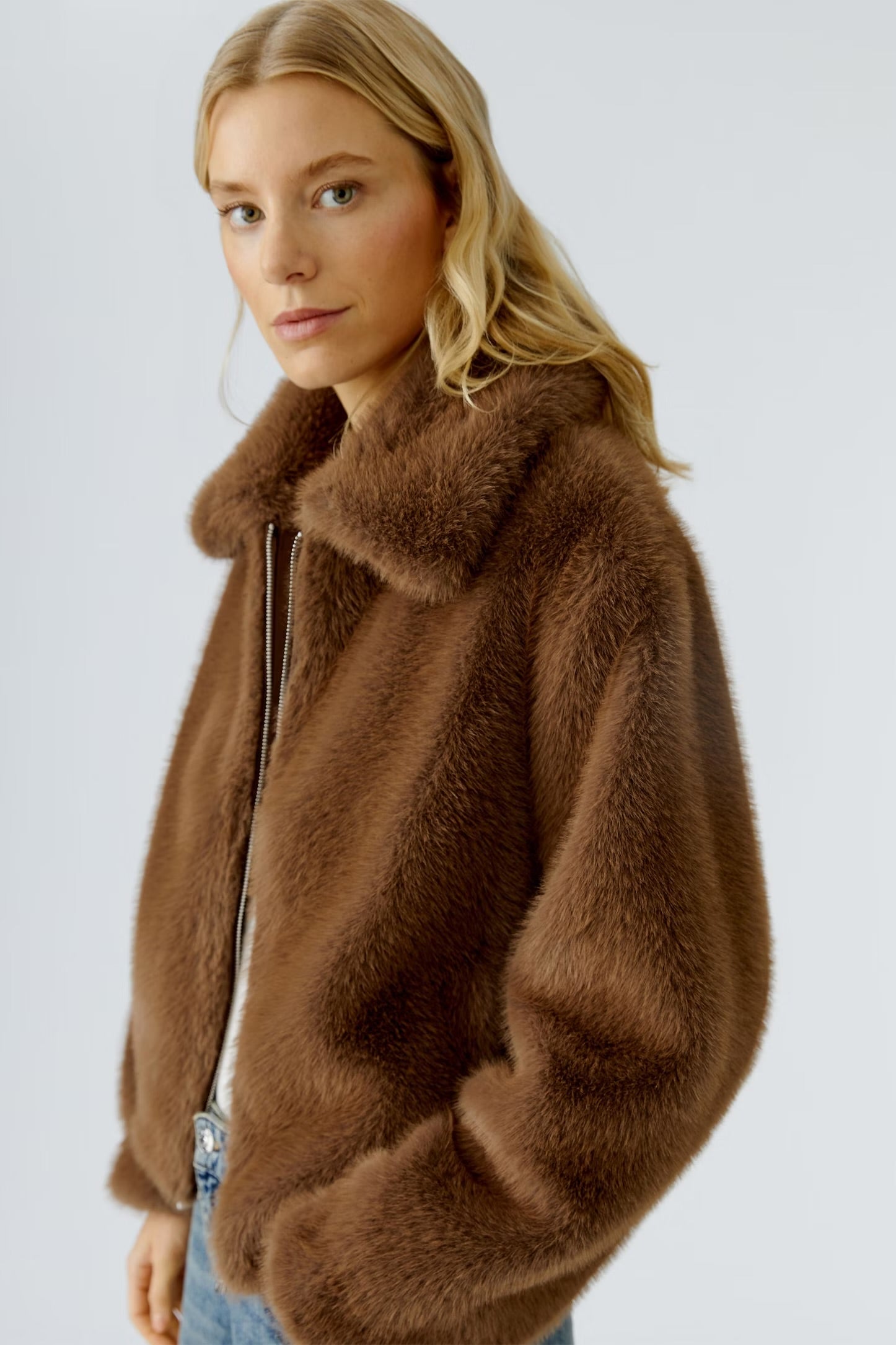 Oui Faux Fur Jacket In Taupe