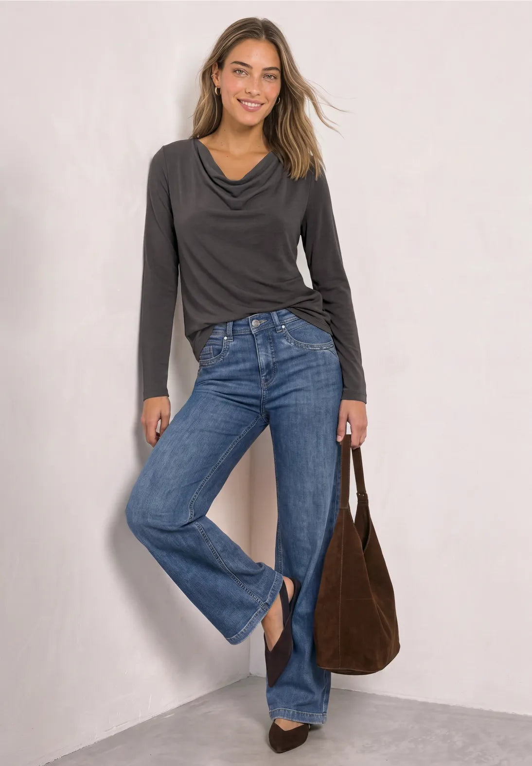 Silk waterfall top in black coffee