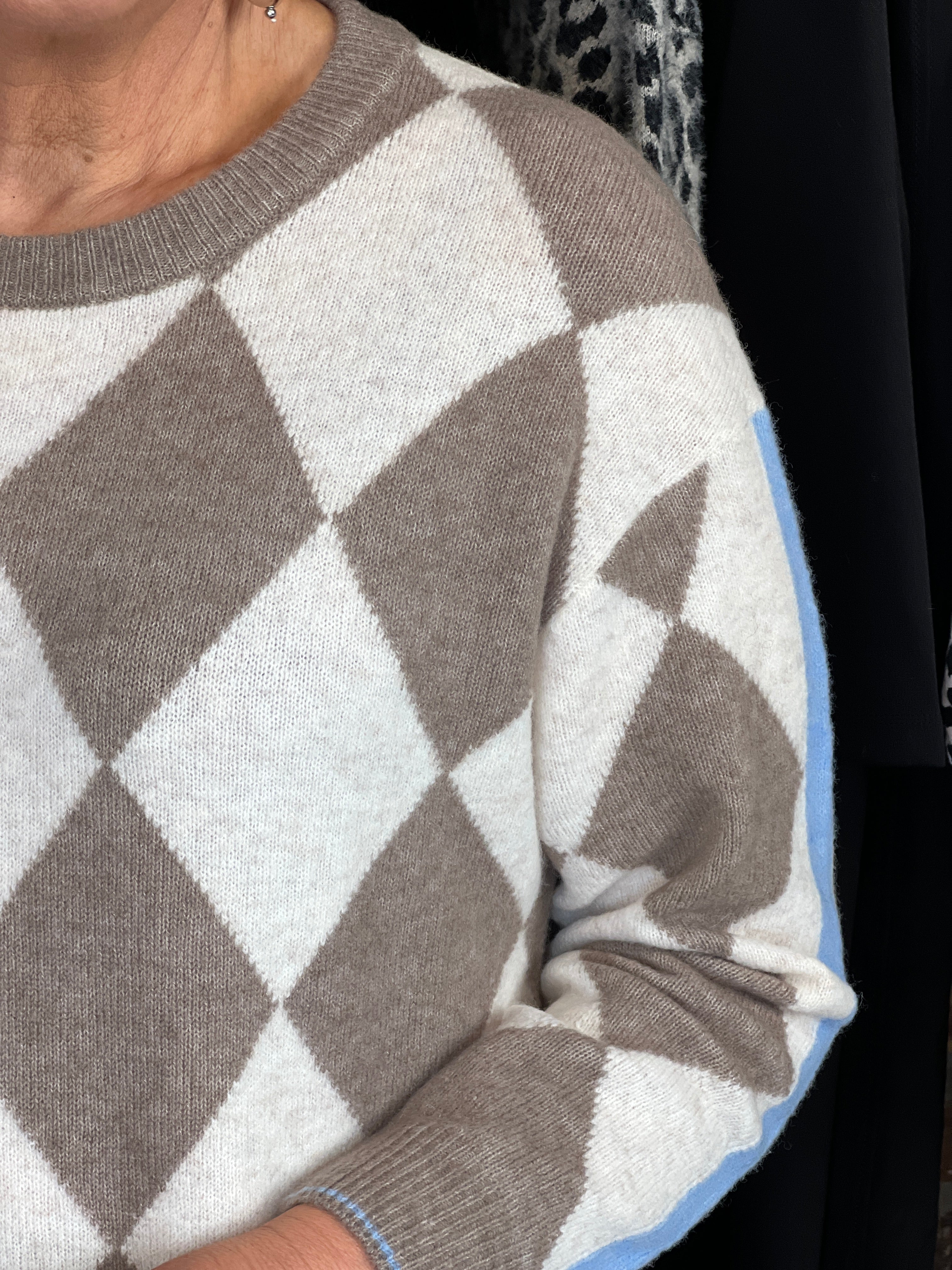 Oui Jacquard Pullover With Stripe In Taupe Multi