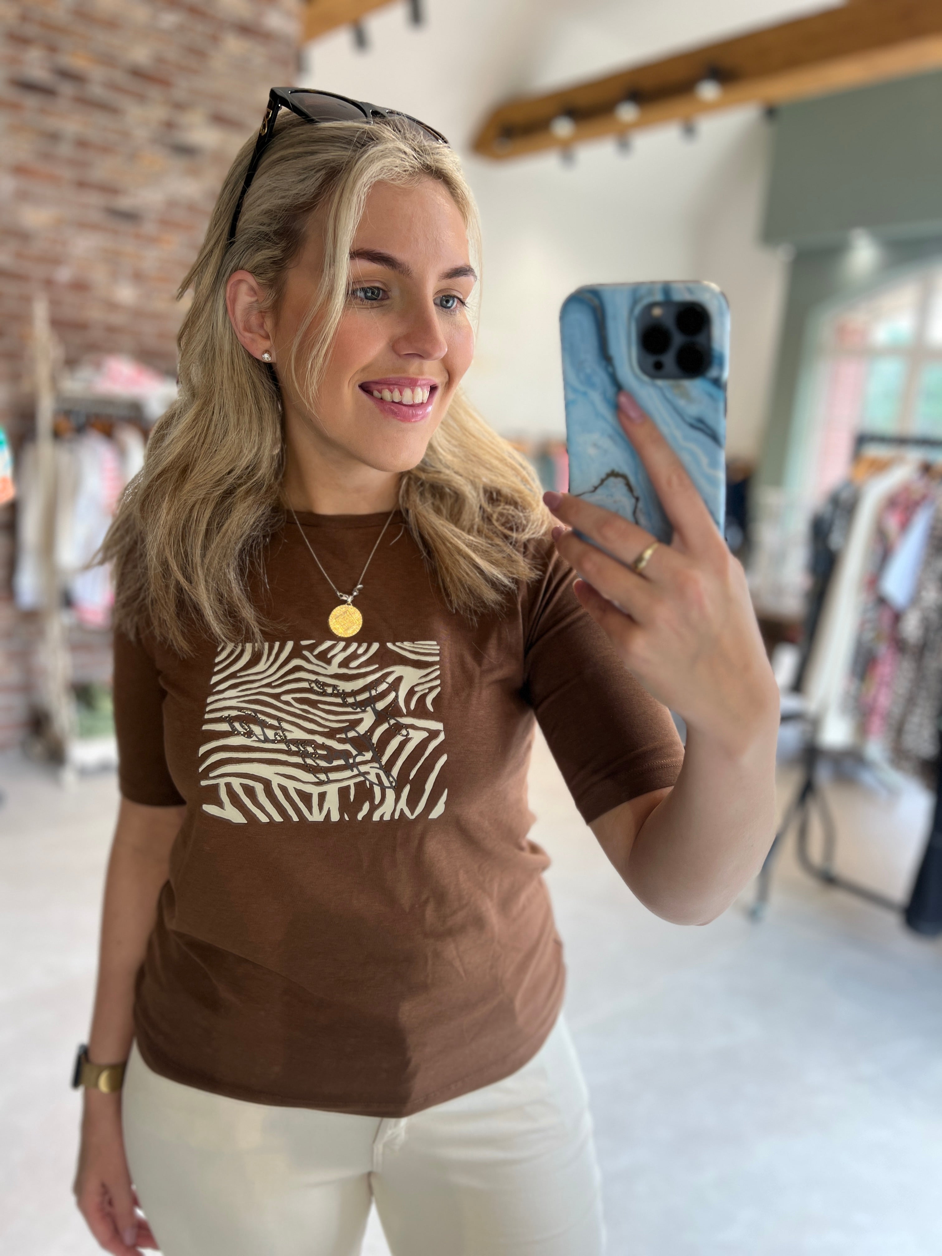 More & More Placement Print Top In Sweet Toffee