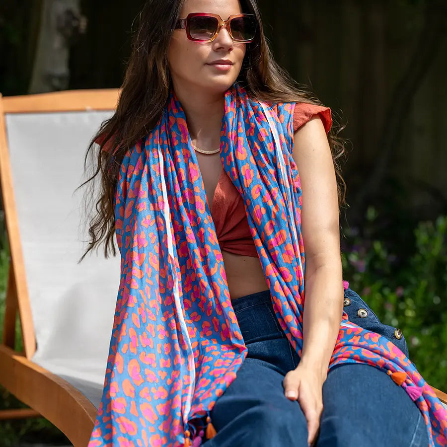 Pom Camo Print Scarf In Pink & Blue