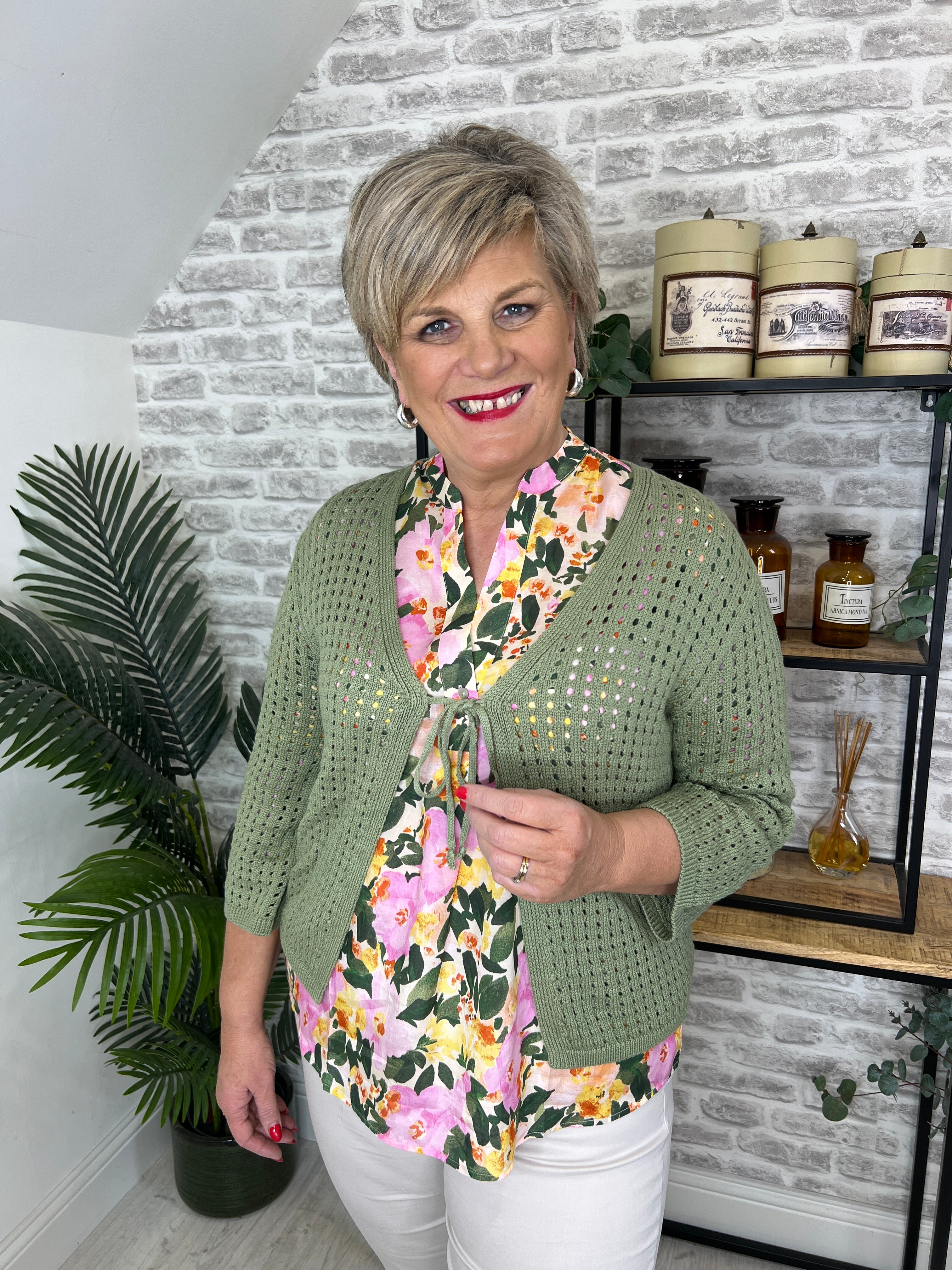 More & More Ajour Cardigan In Olive Green