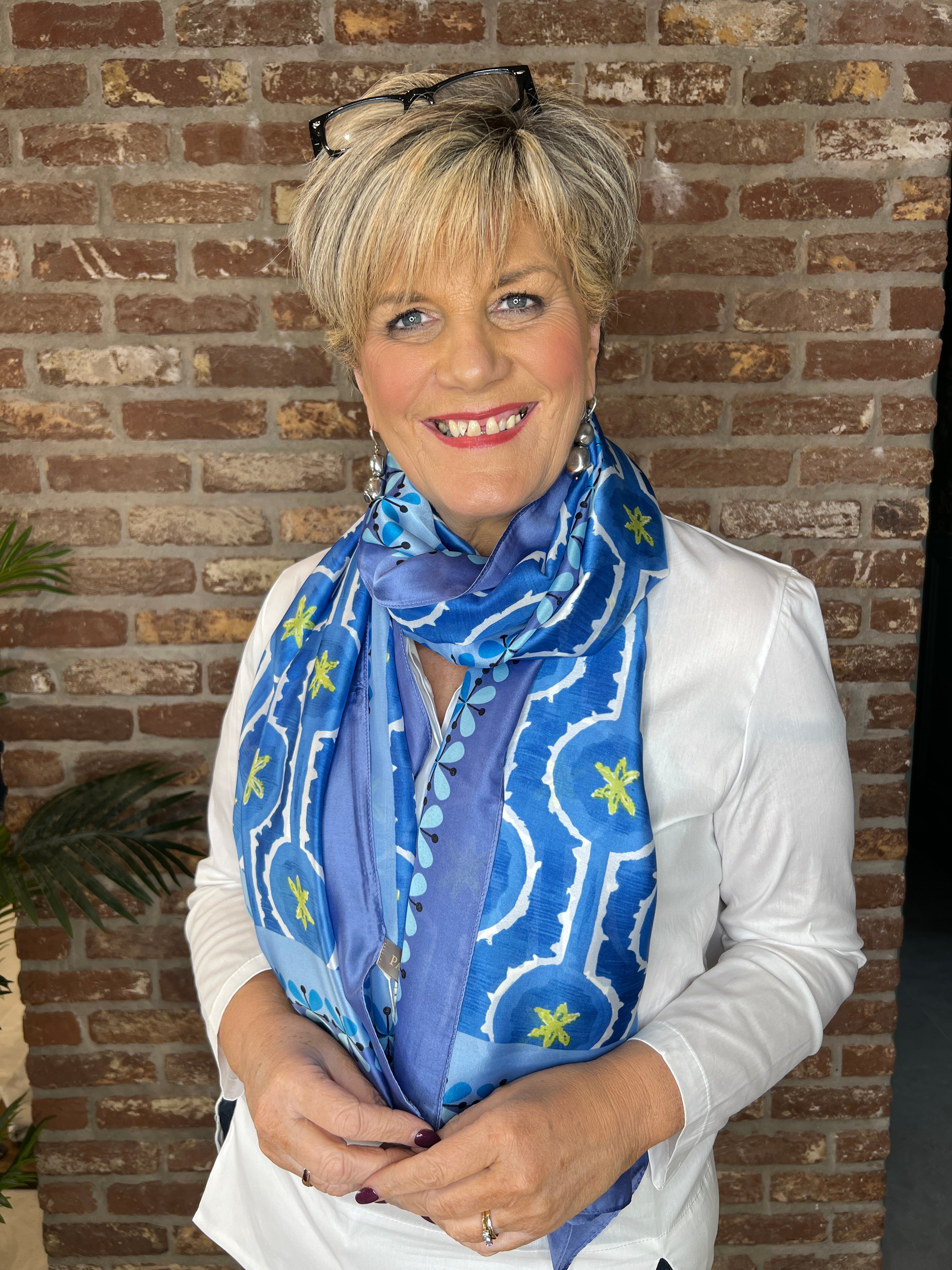 Pipa Patterned Silk Scarf In Blue Multi