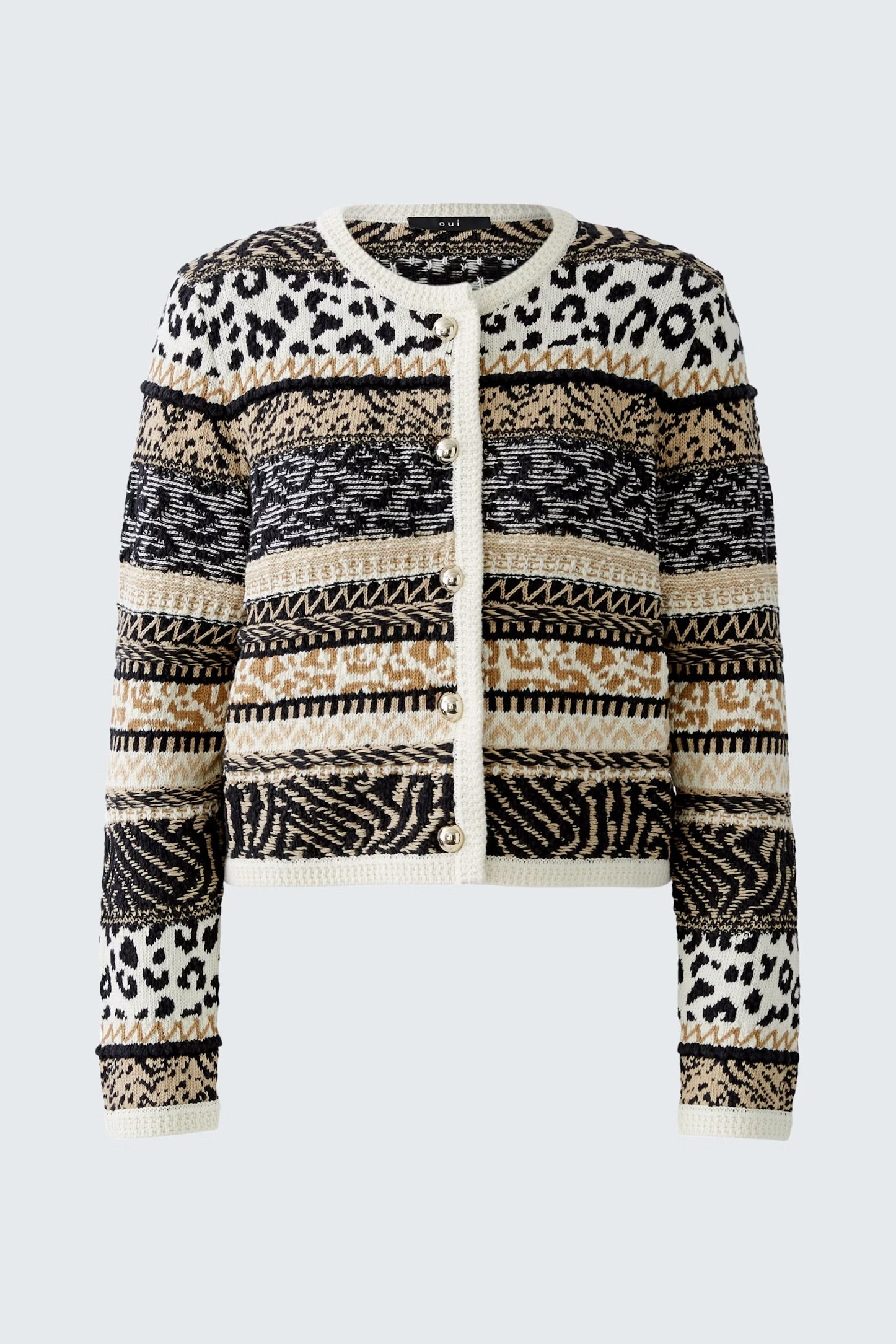 Oui Striped Animal Print Cardigan In Off white & Black