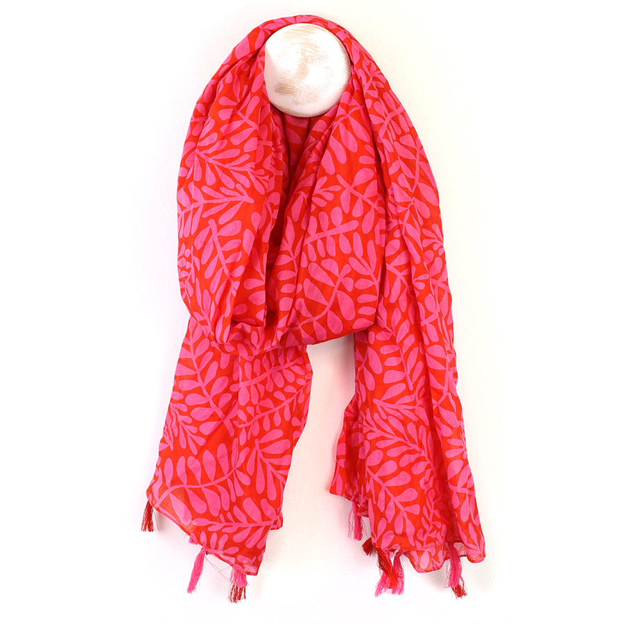Pom Silhouette Scarf With Tassels In Red & pink