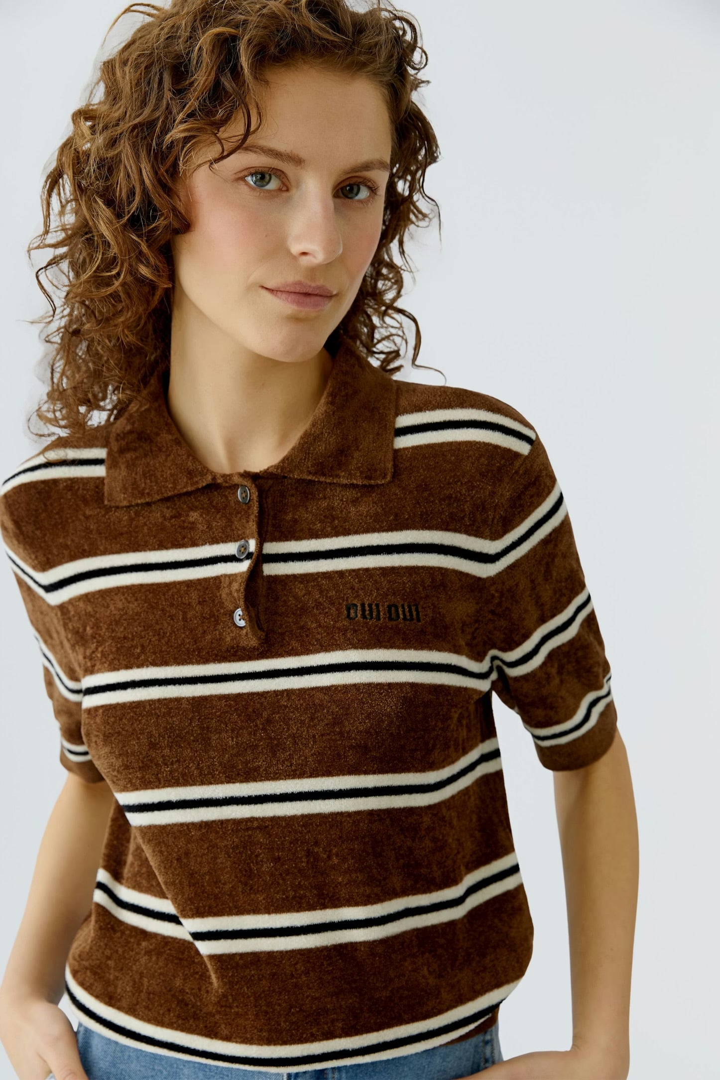 Oui Striped Polo Pullover In White & Black