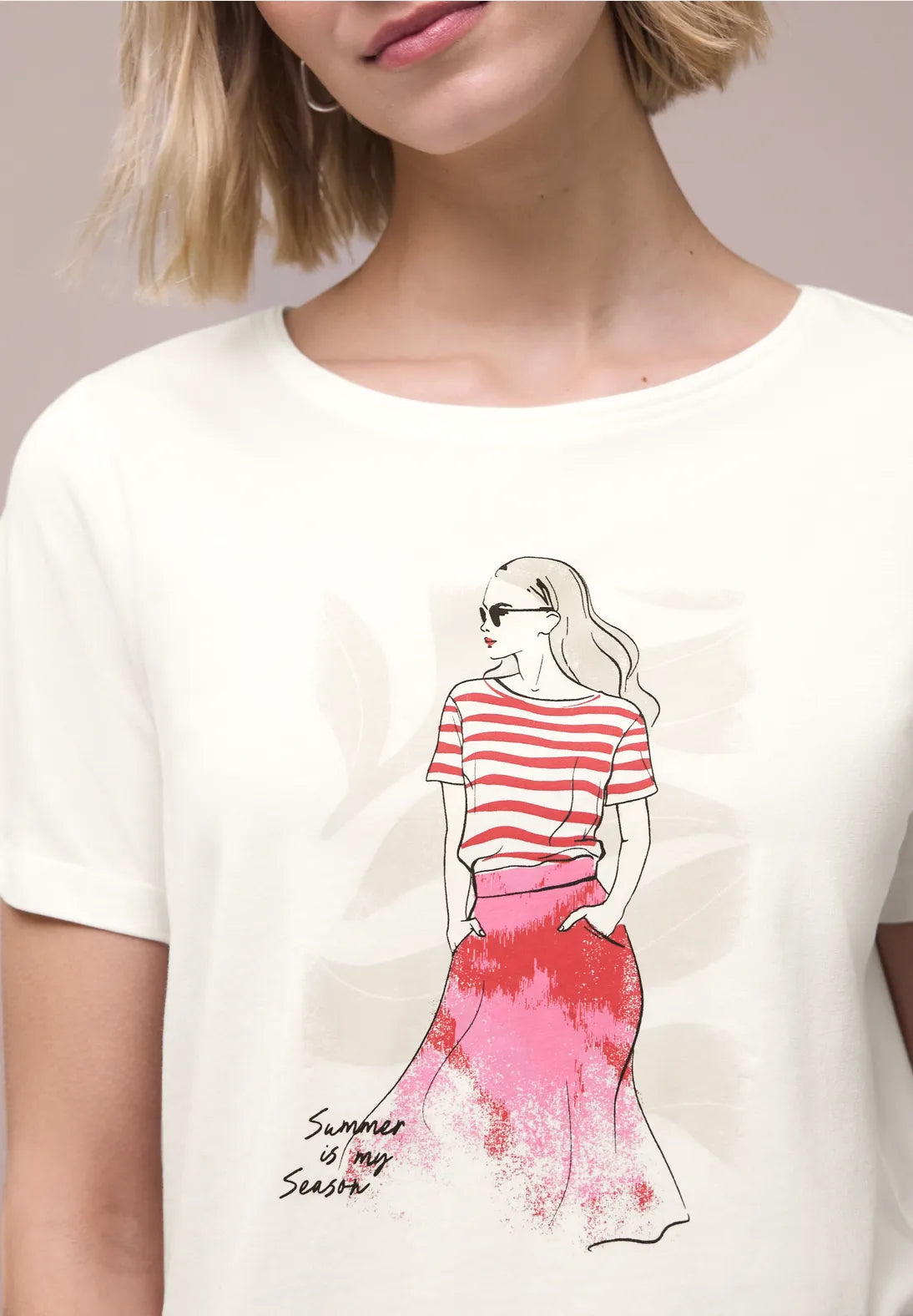 Street One Red lady print T-shirt In Off White