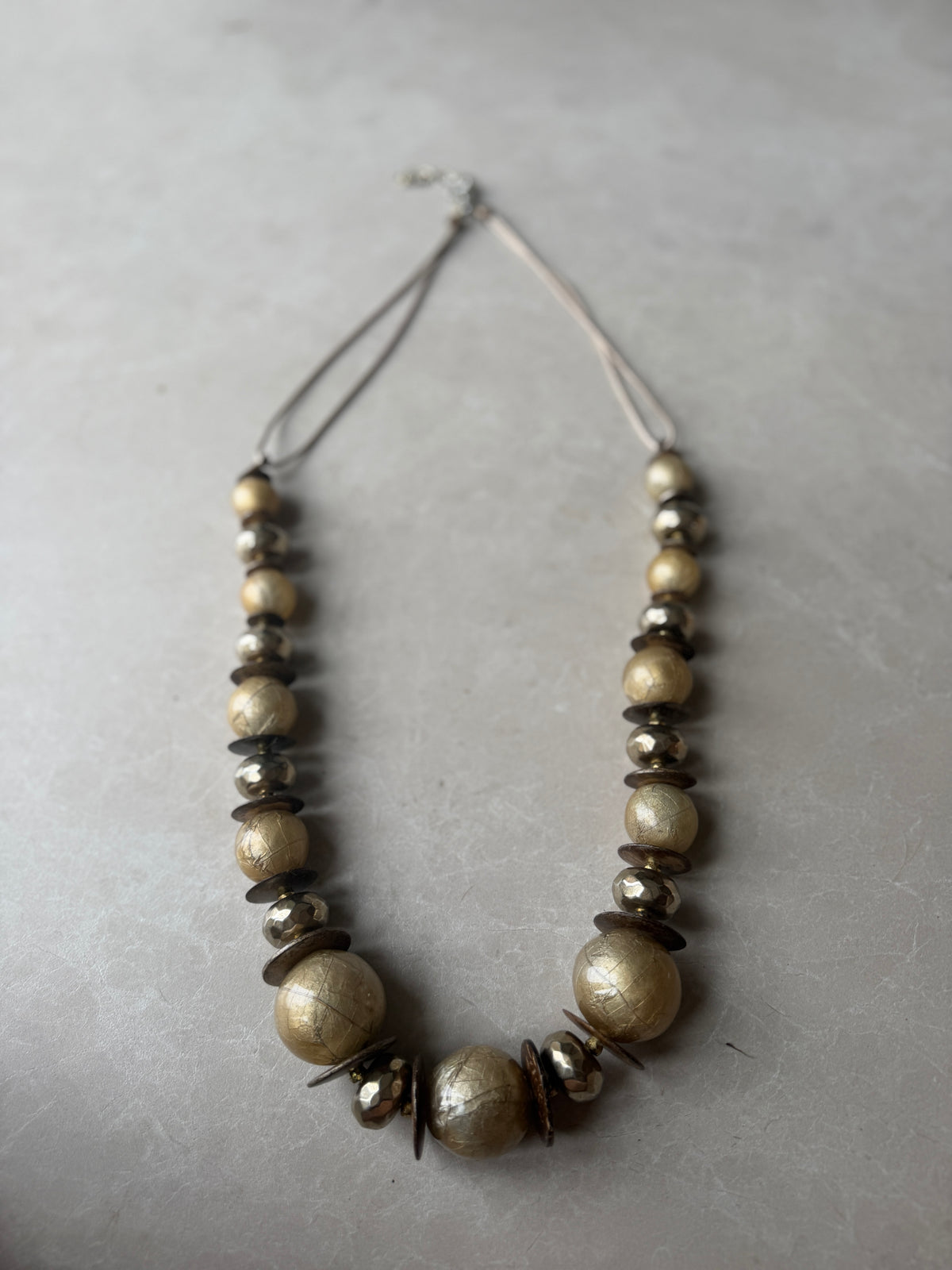 Chunky ball & disk necklace in gold & bronze