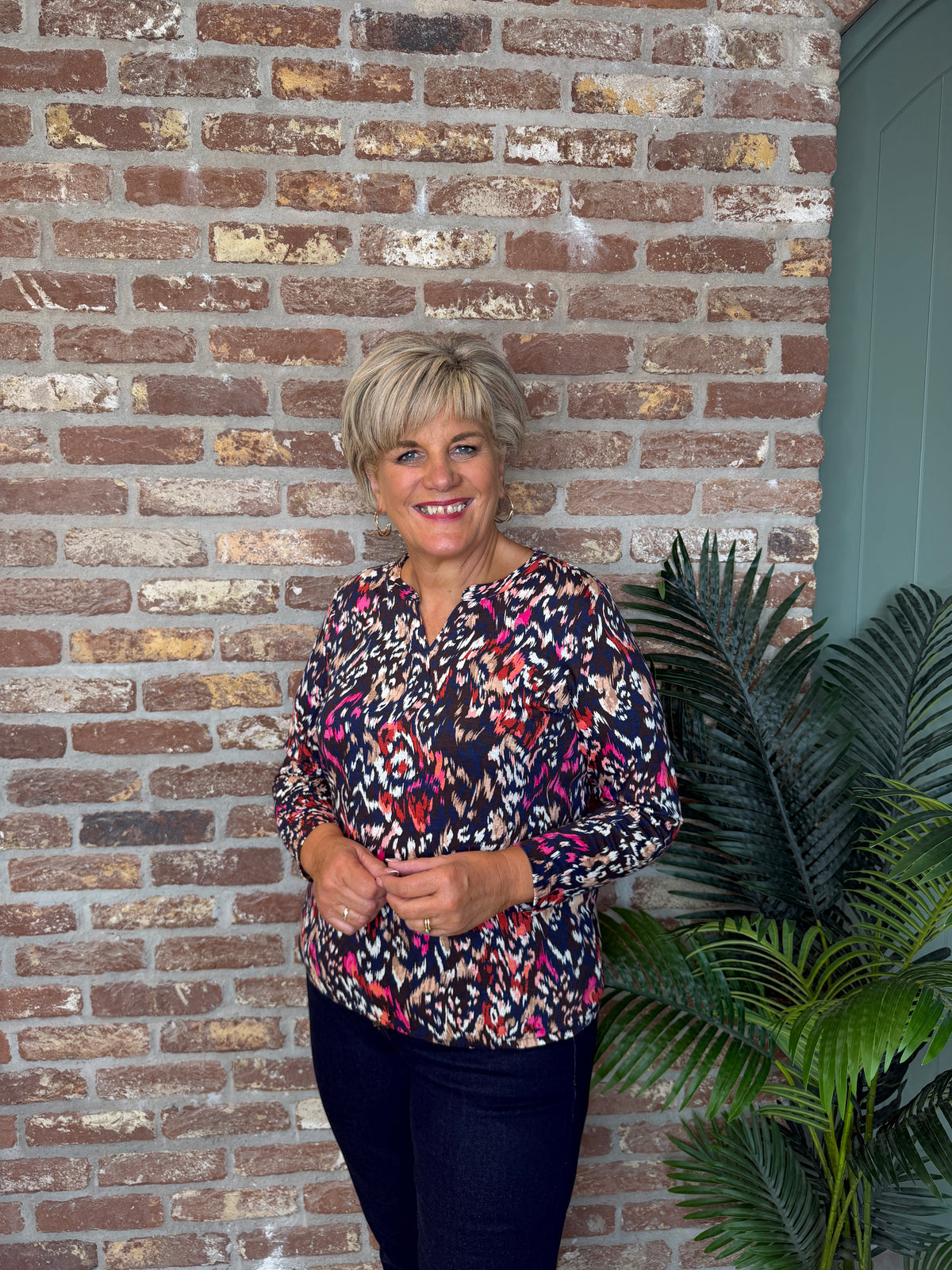 Split neck patterned top in truffle brown