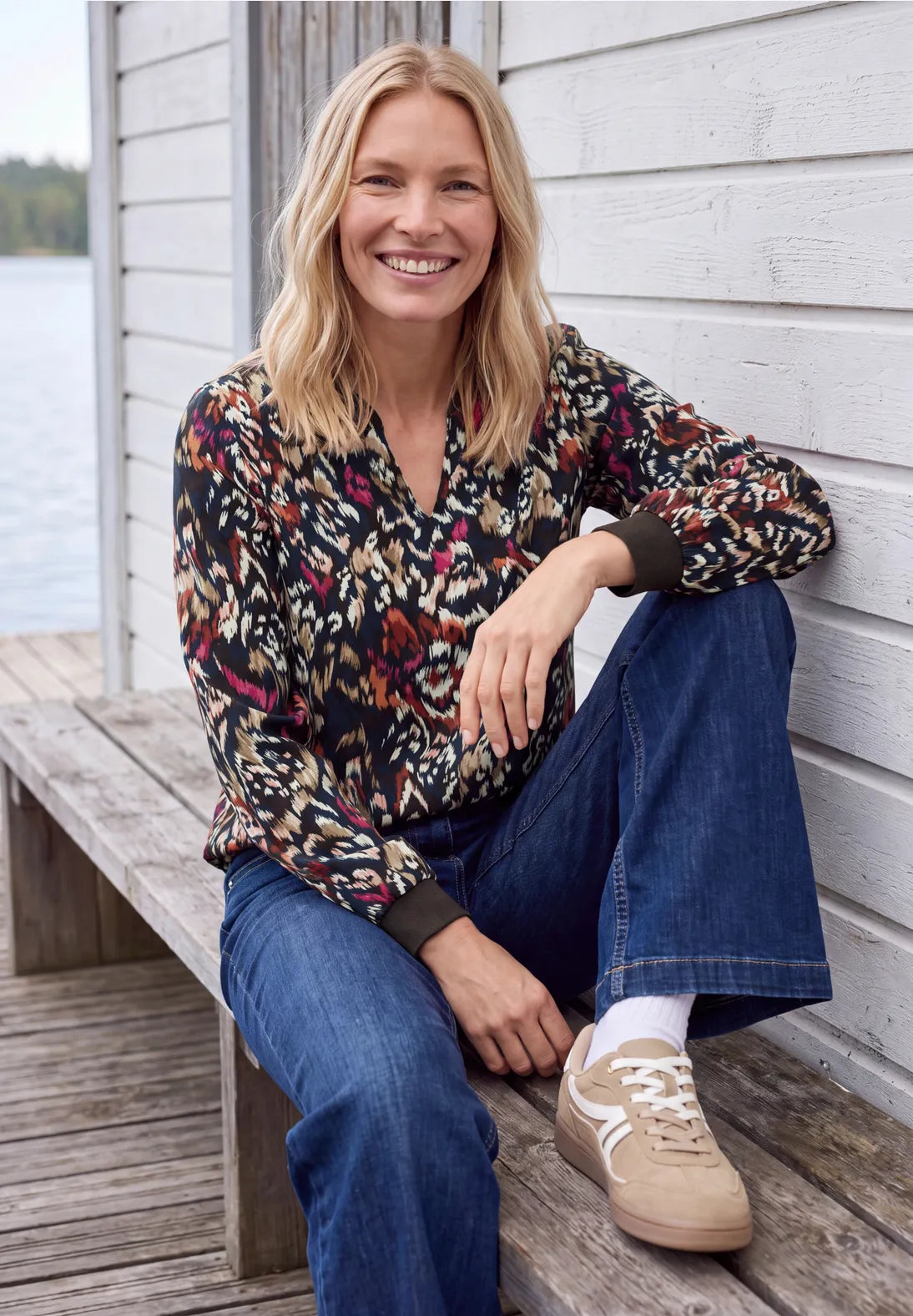 Split neck patterned blouse in truffle brown
