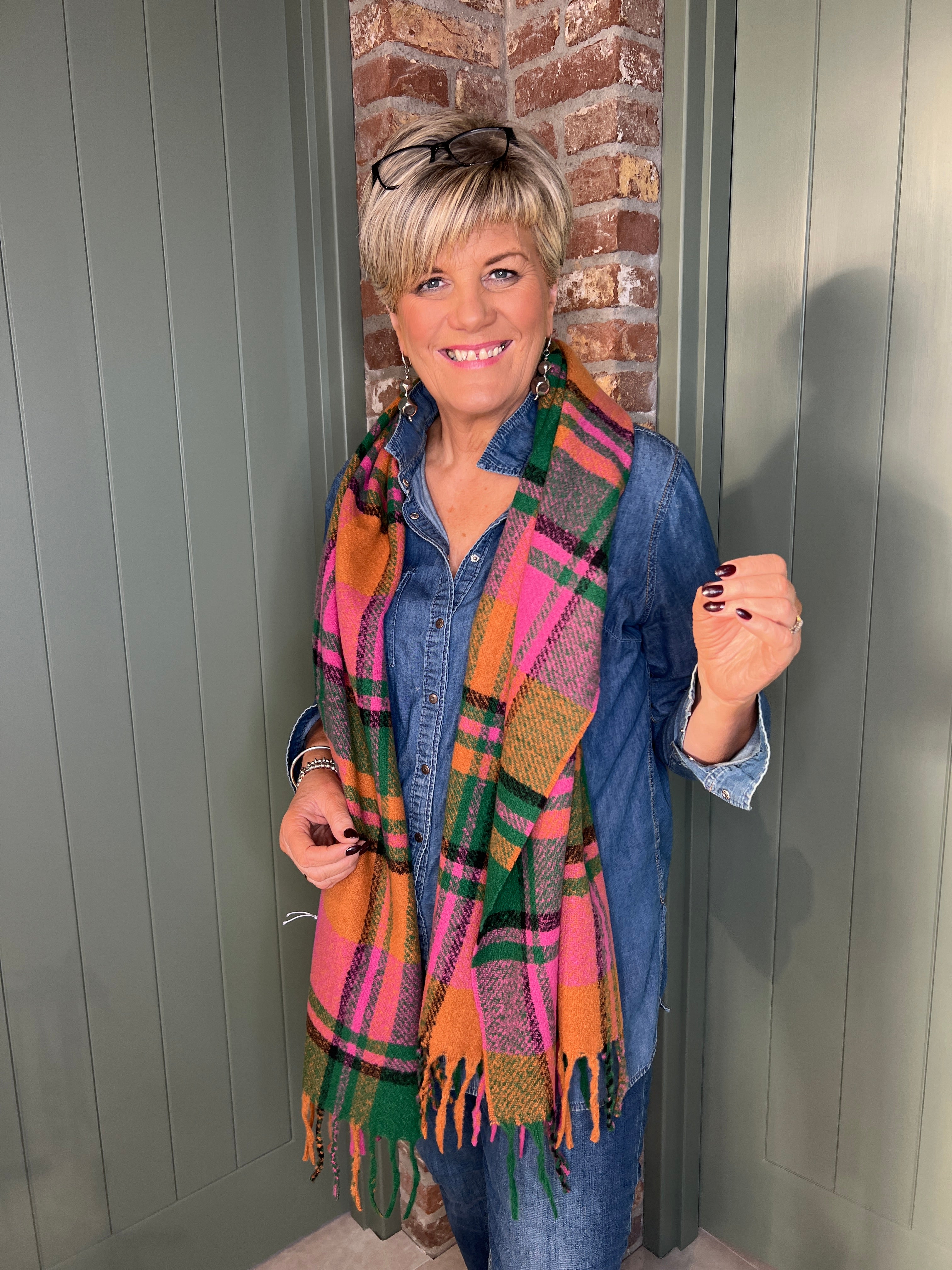 Sophie Tartan Print Scarf In Pink & Green Multi