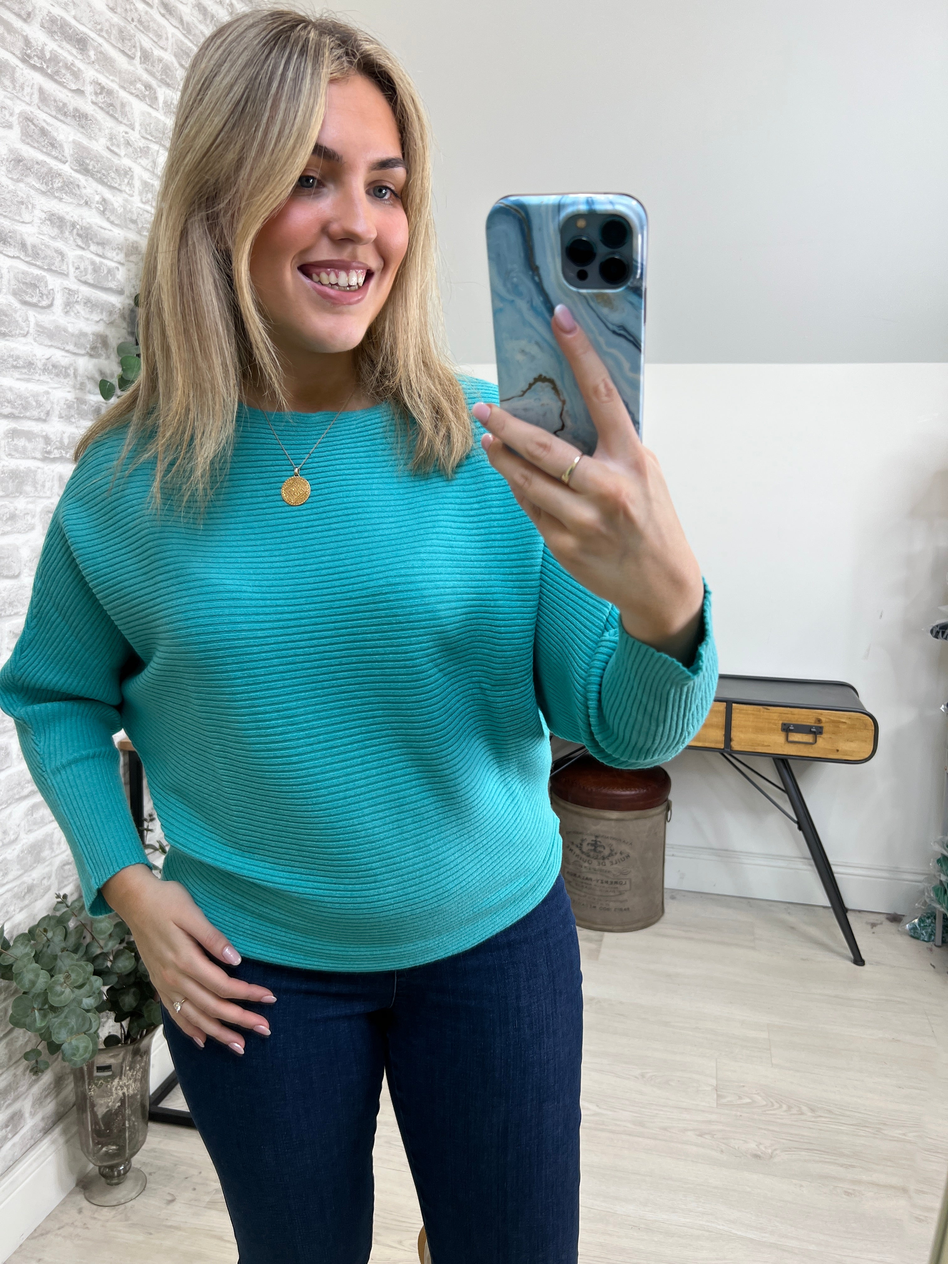 Deck By Decollage Ribbed Batwing Knit In Aqua