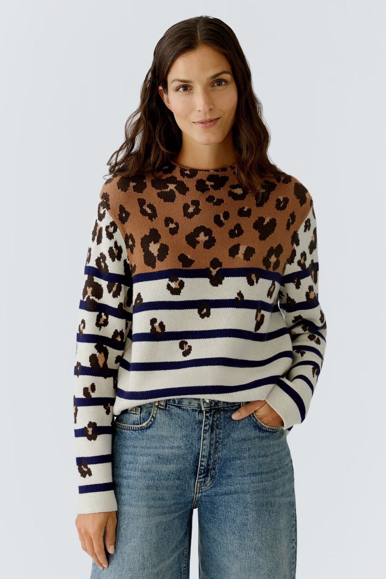 Oui Pullover With Leopard In Off White & Camel