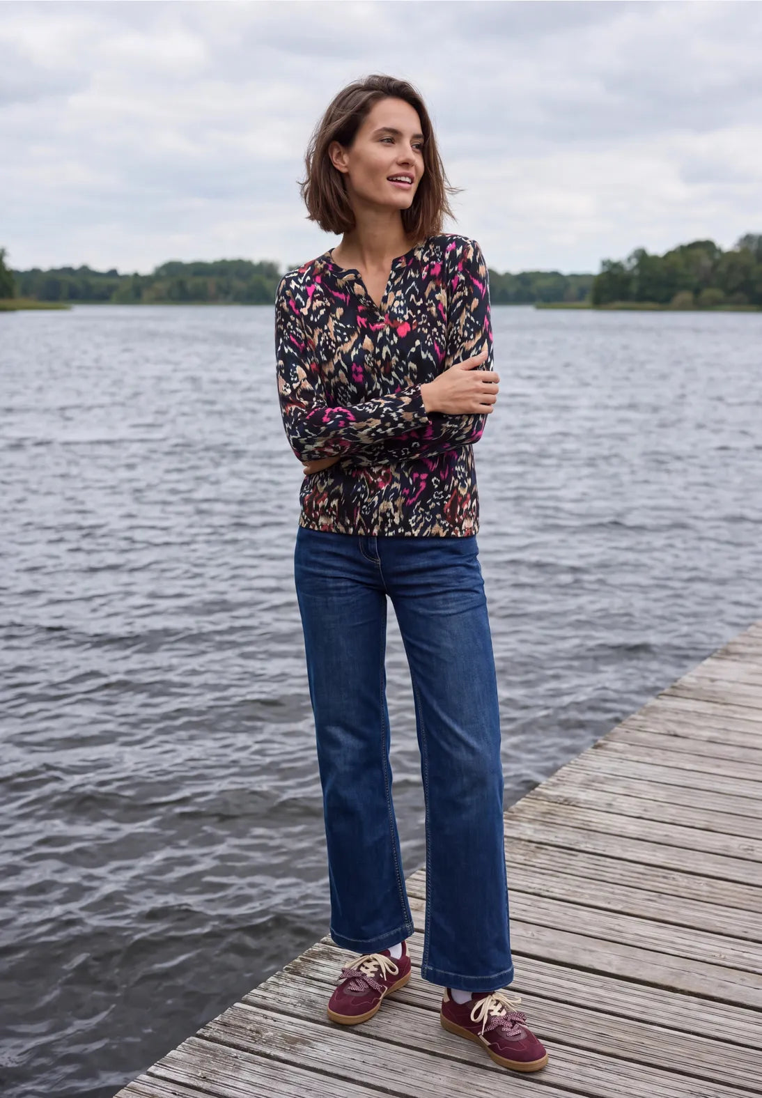 Split neck patterned top in truffle brown