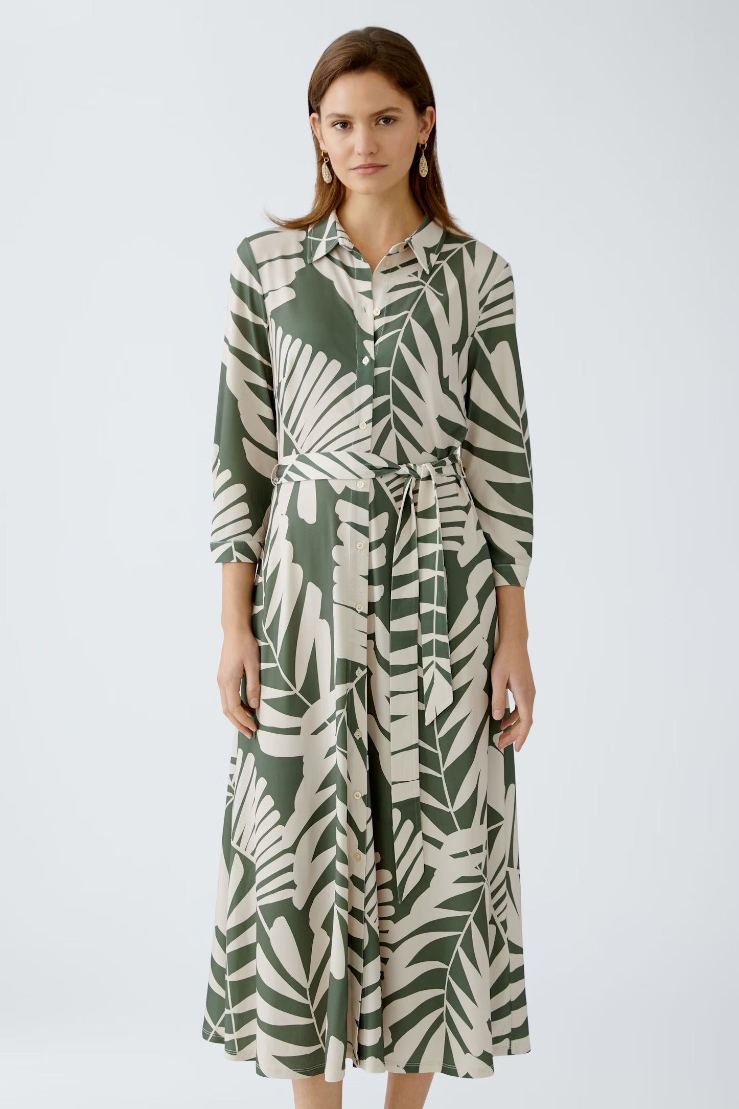 Oui Floral Shirt Dress In Khaki & Stone