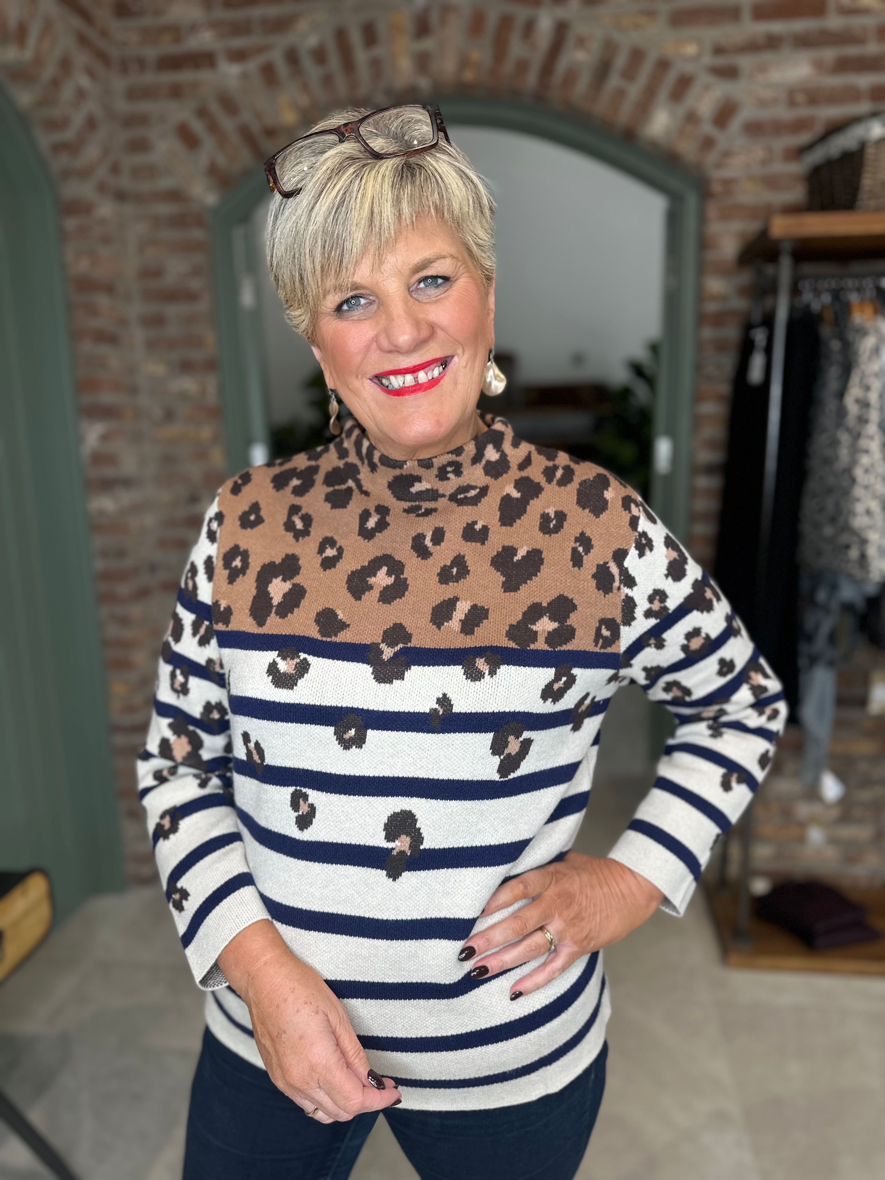 Oui Pullover With Leopard In Off White & Camel
