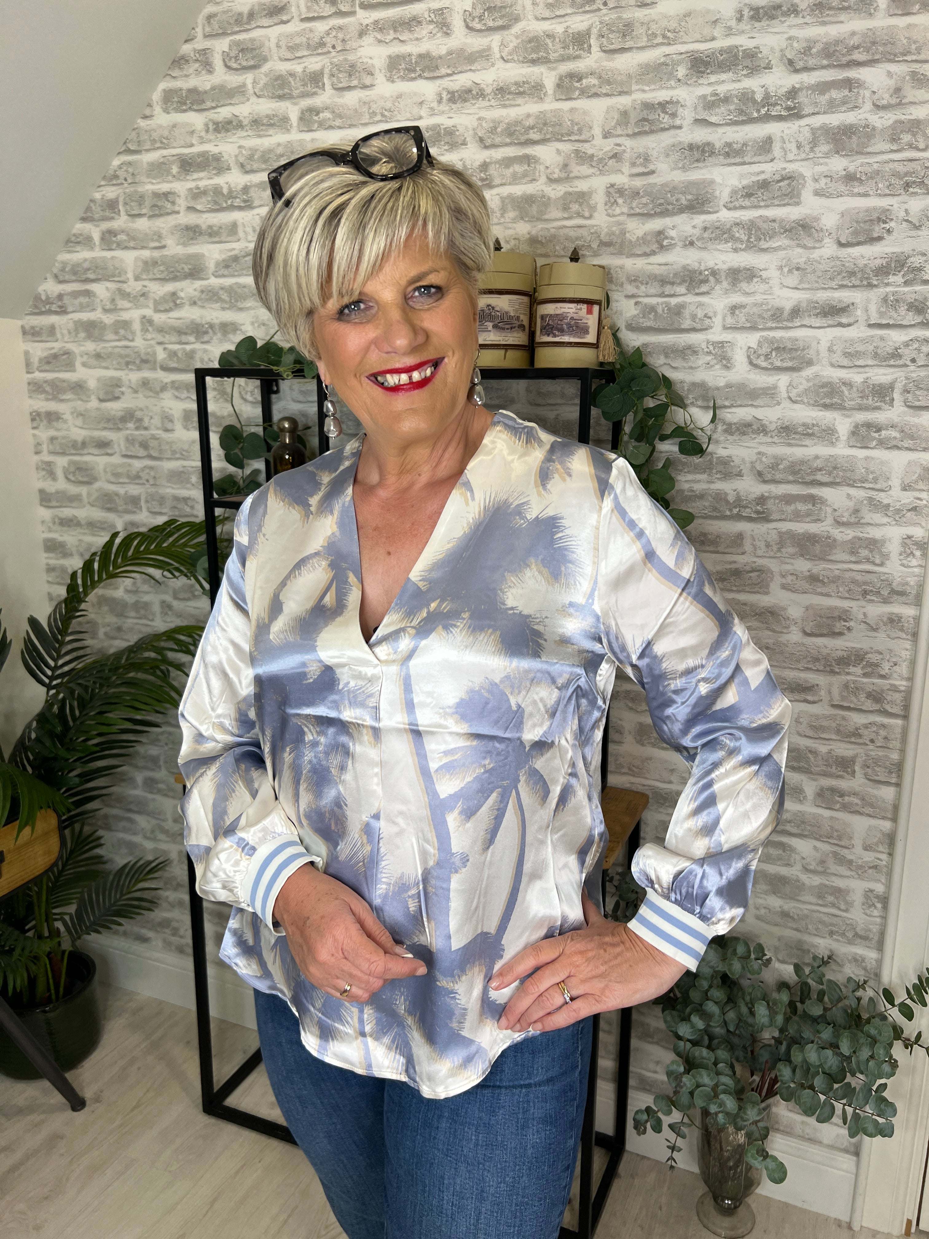 Oui Floral Blouse In Blue & White