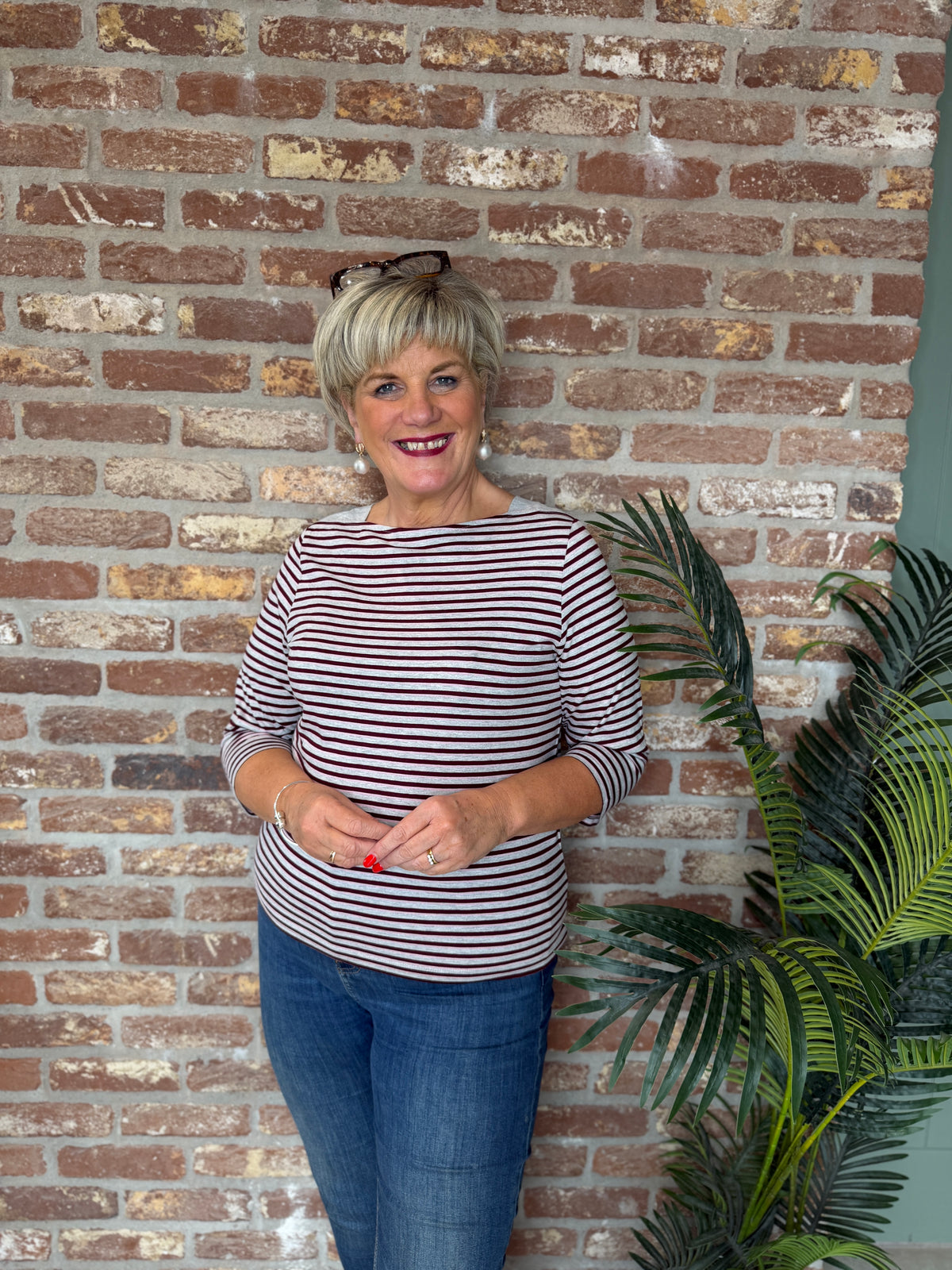 Striped boat neck top in light grey melange