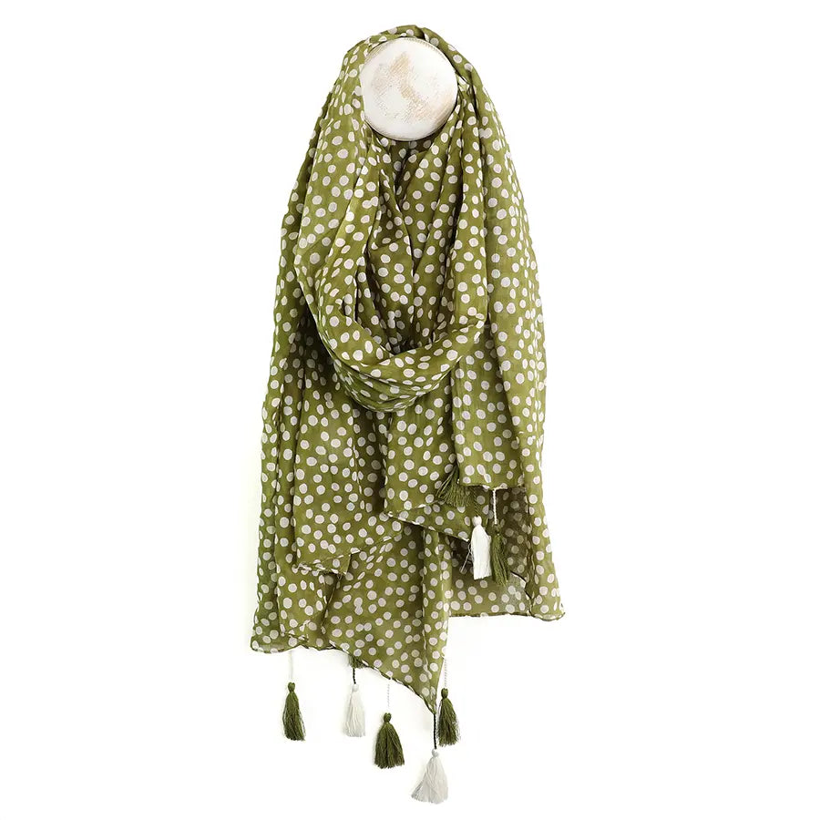 Pom Dotty Scarf With Tassels In Olive