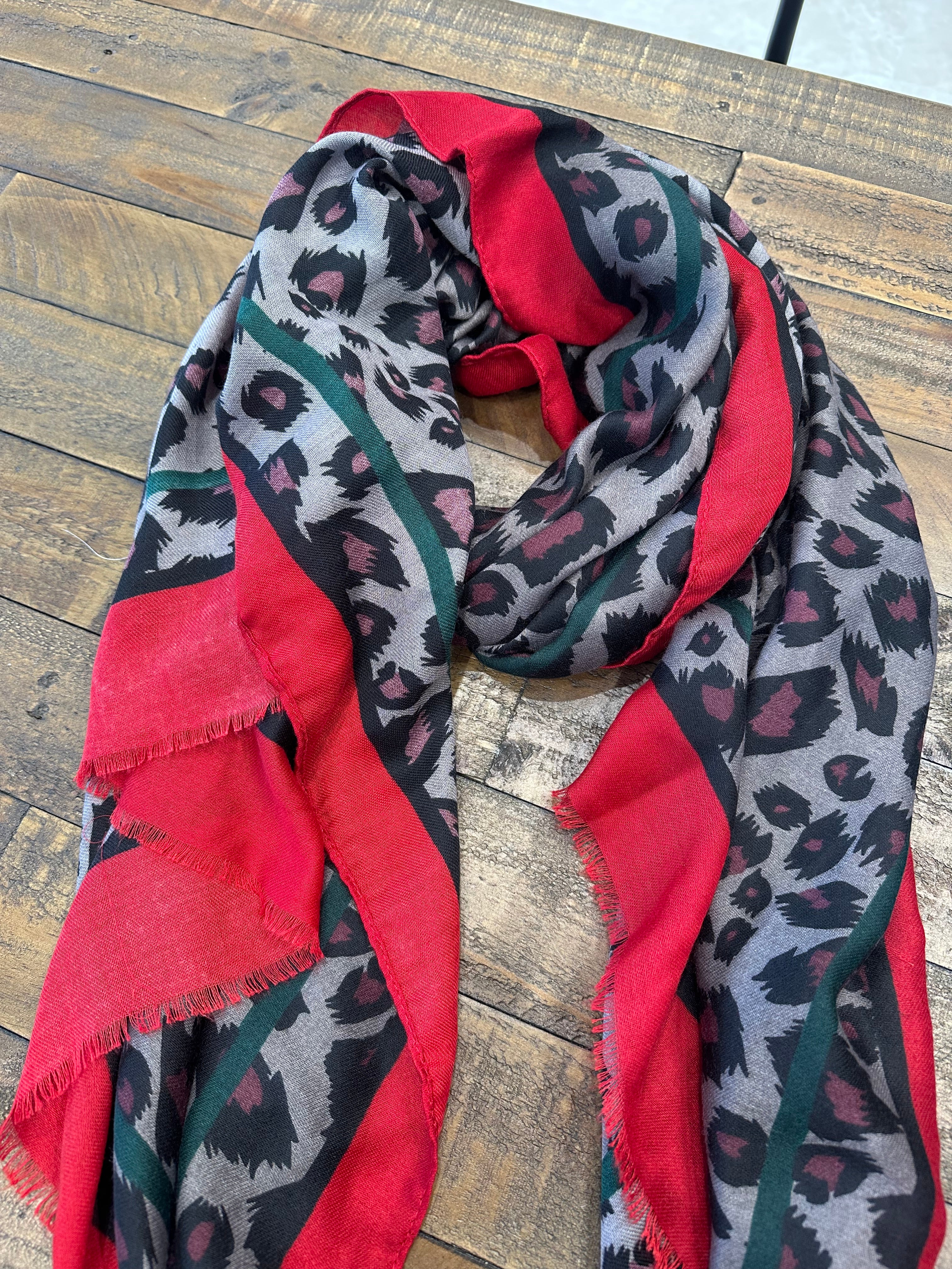 Olive Leopard Print Scarf In Red Multi