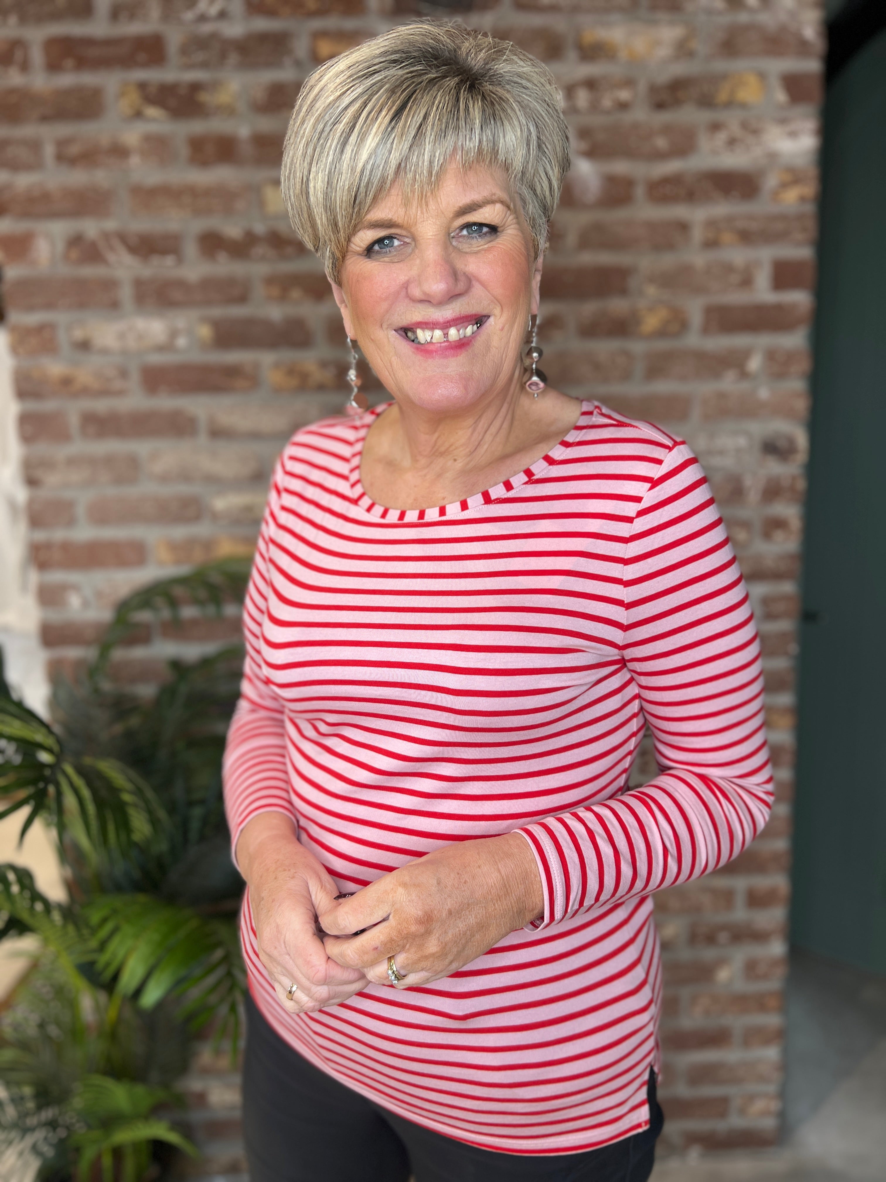 Oui Striped Top In Pink & Red